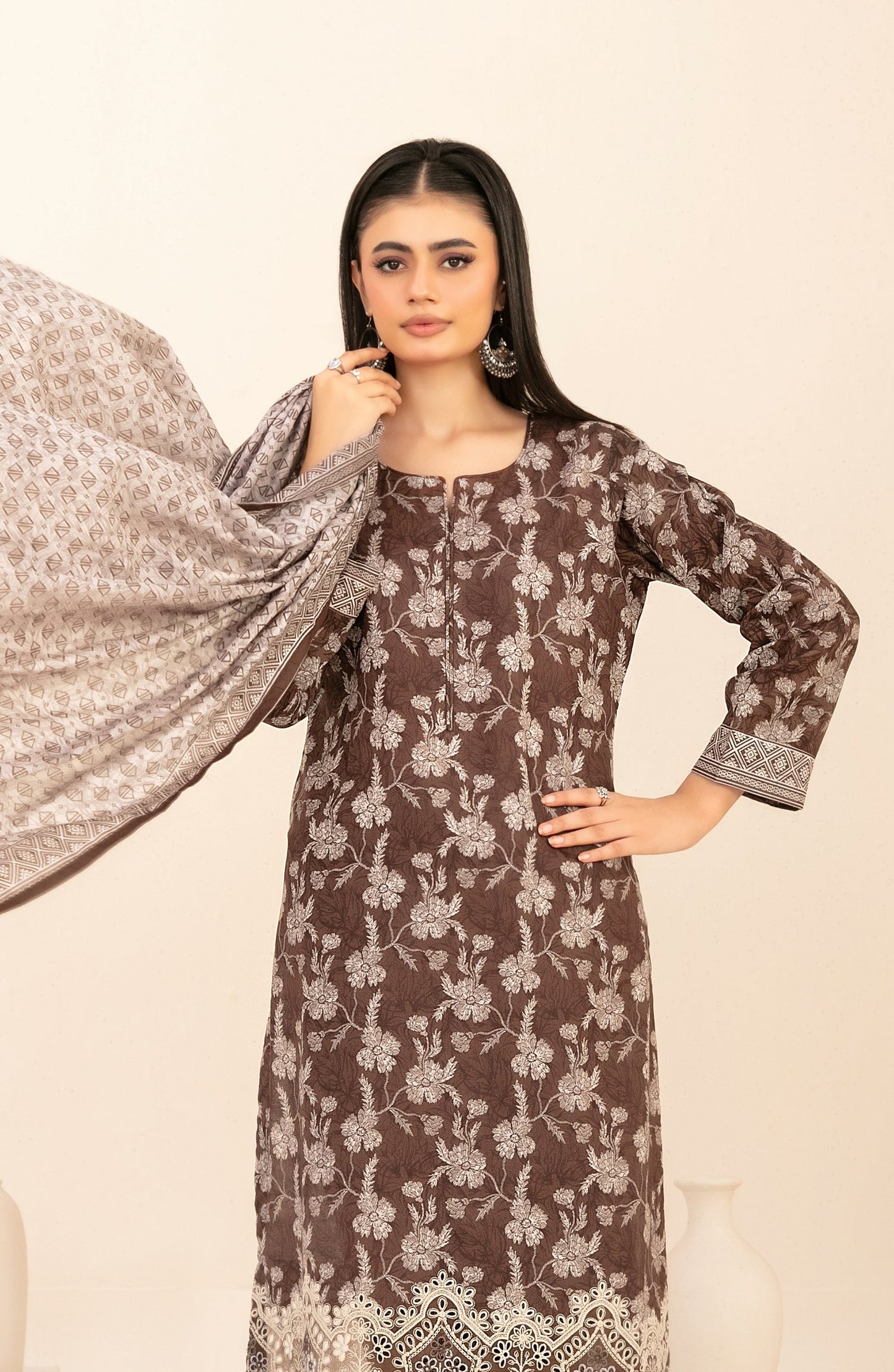Ailani by Tawakkal Fabrics Embroidered Lawn Unstitched 3 Piece Suit - D-3721 - TF26ALN - Brown - Summer Collection
