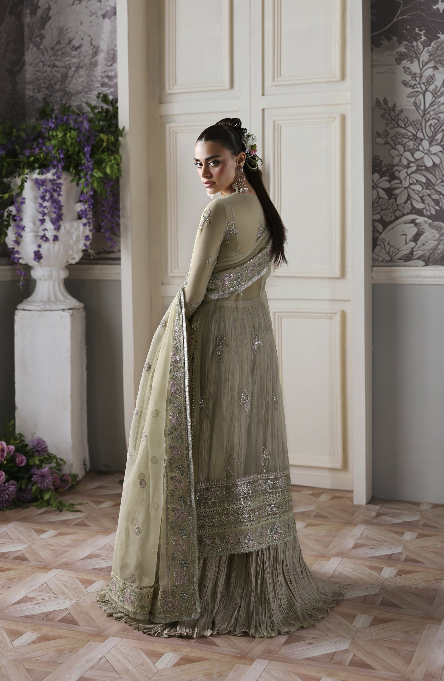 Akbar Aslam Deewani Luxury Embroidered Organza Unstitched 3 Piece Suit - U-1578 - Obsidian - AKA25DW - Green - Formal Collection