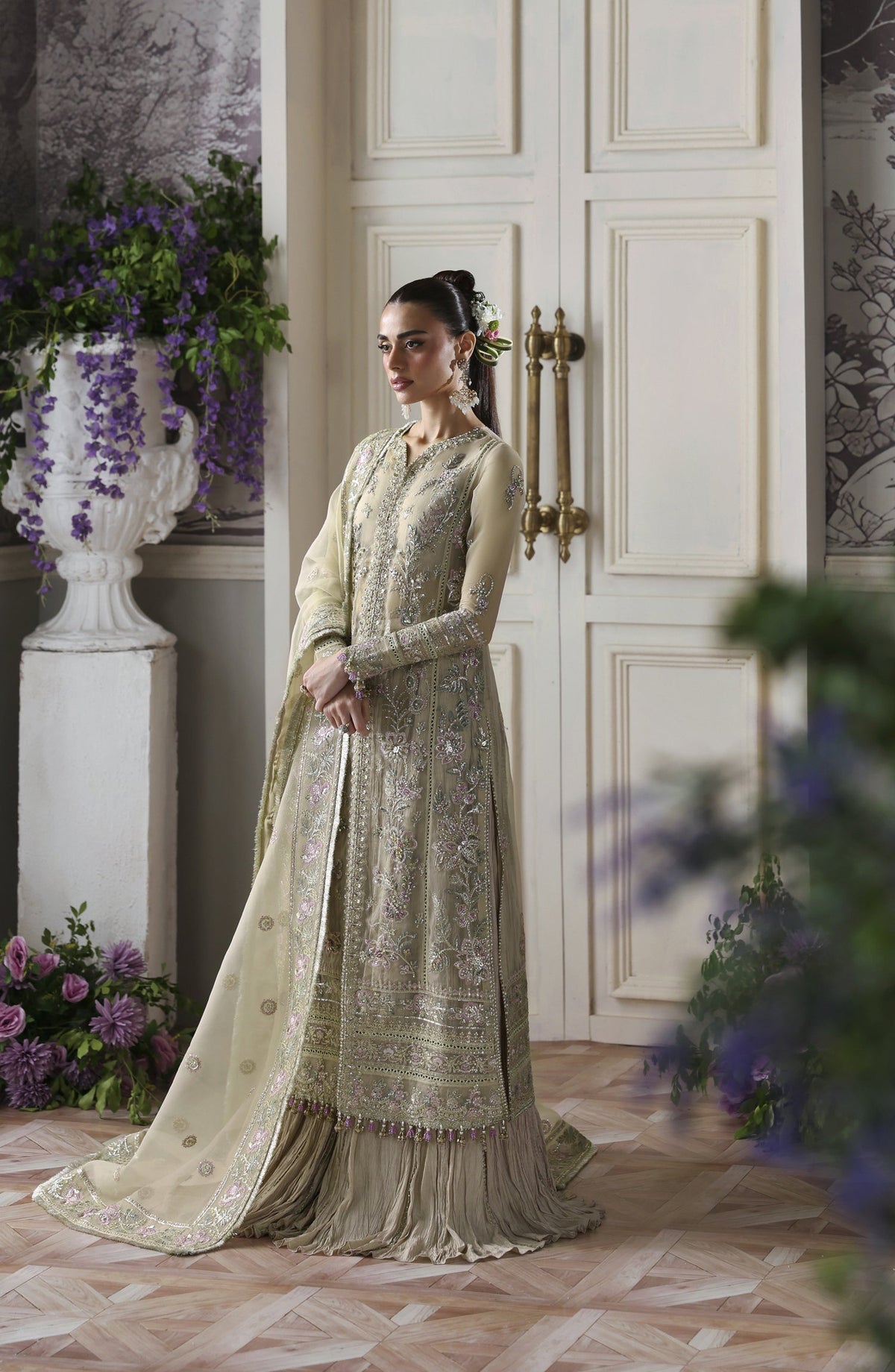 Akbar Aslam Deewani Luxury Embroidered Organza Unstitched 3 Piece Suit - U-1578 - Obsidian - AKA25DW - Green - Formal Collection