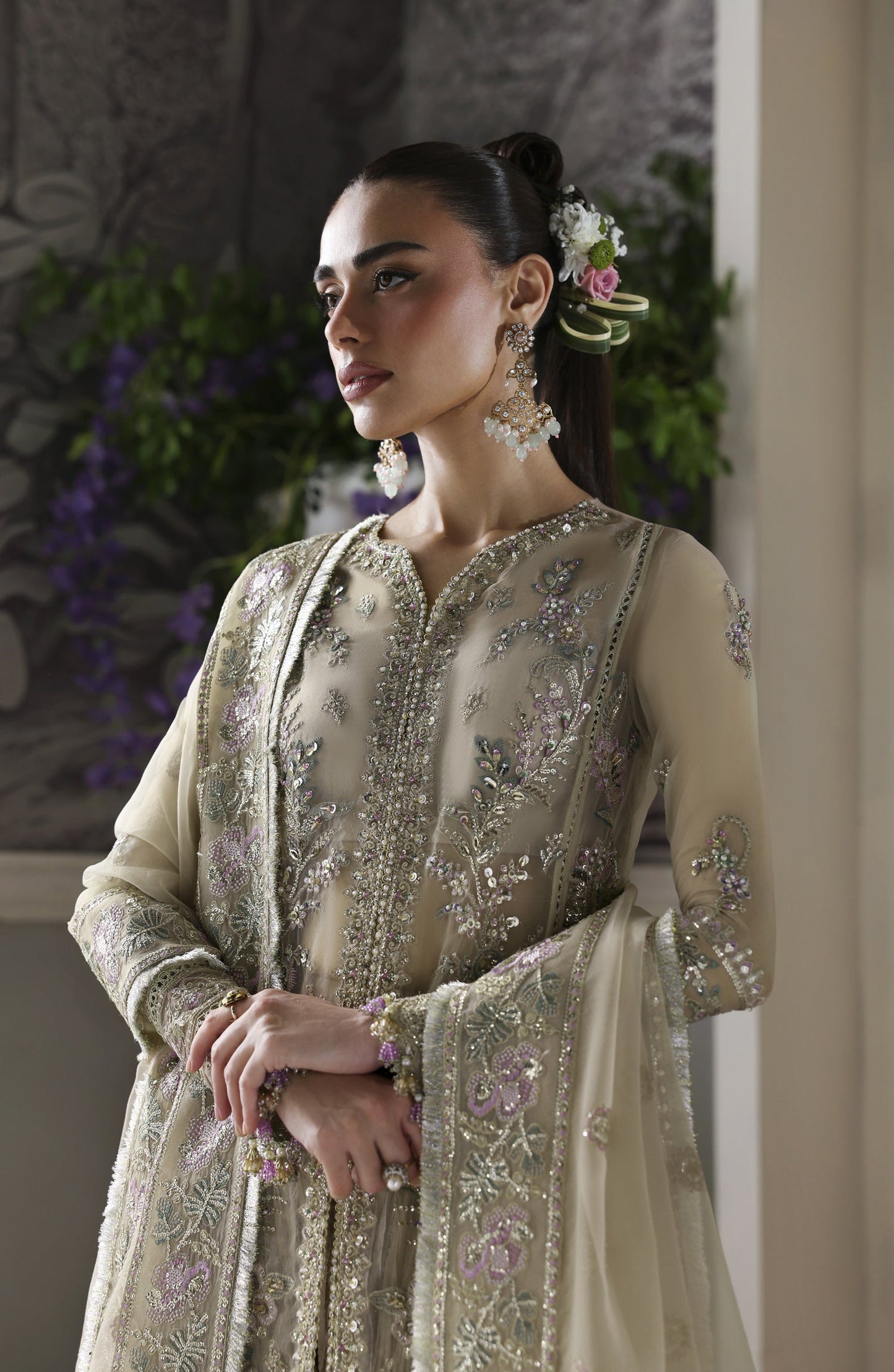 Akbar Aslam Deewani Luxury Embroidered Organza Unstitched 3 Piece Suit - U-1578 - Obsidian - AKA25DW - Green - Formal Collection