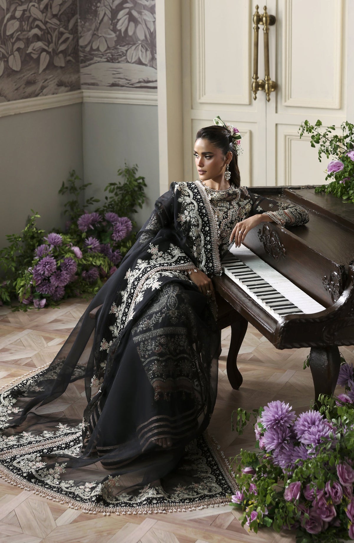Akbar Aslam Deewani Luxury Embroidered Organza Unstitched 3 Piece Suit - U-1574 - Nocturne - AKA25DW - Black - Formal Collection