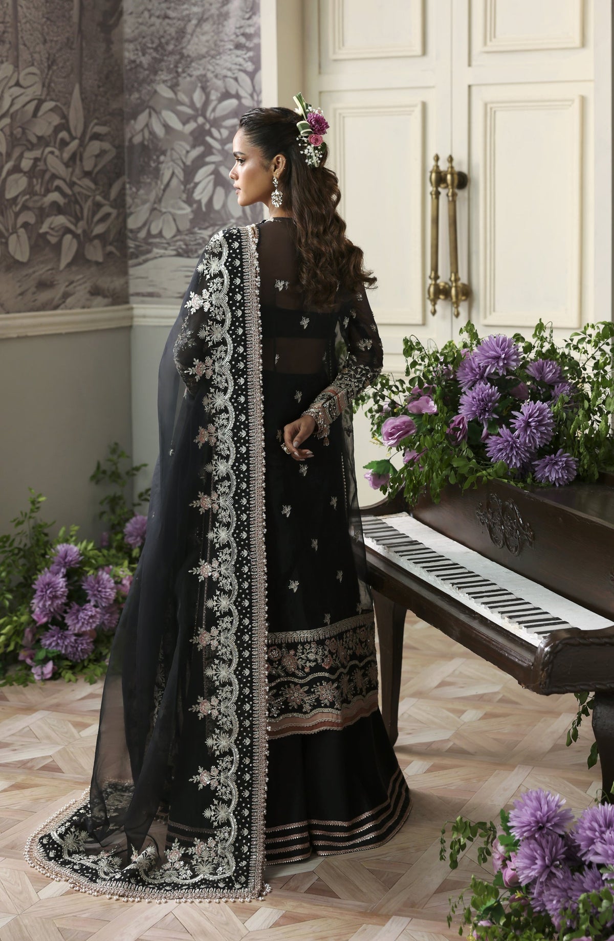 Akbar Aslam Deewani Luxury Embroidered Organza Unstitched 3 Piece Suit - U-1574 - Nocturne - AKA25DW - Black - Formal Collection
