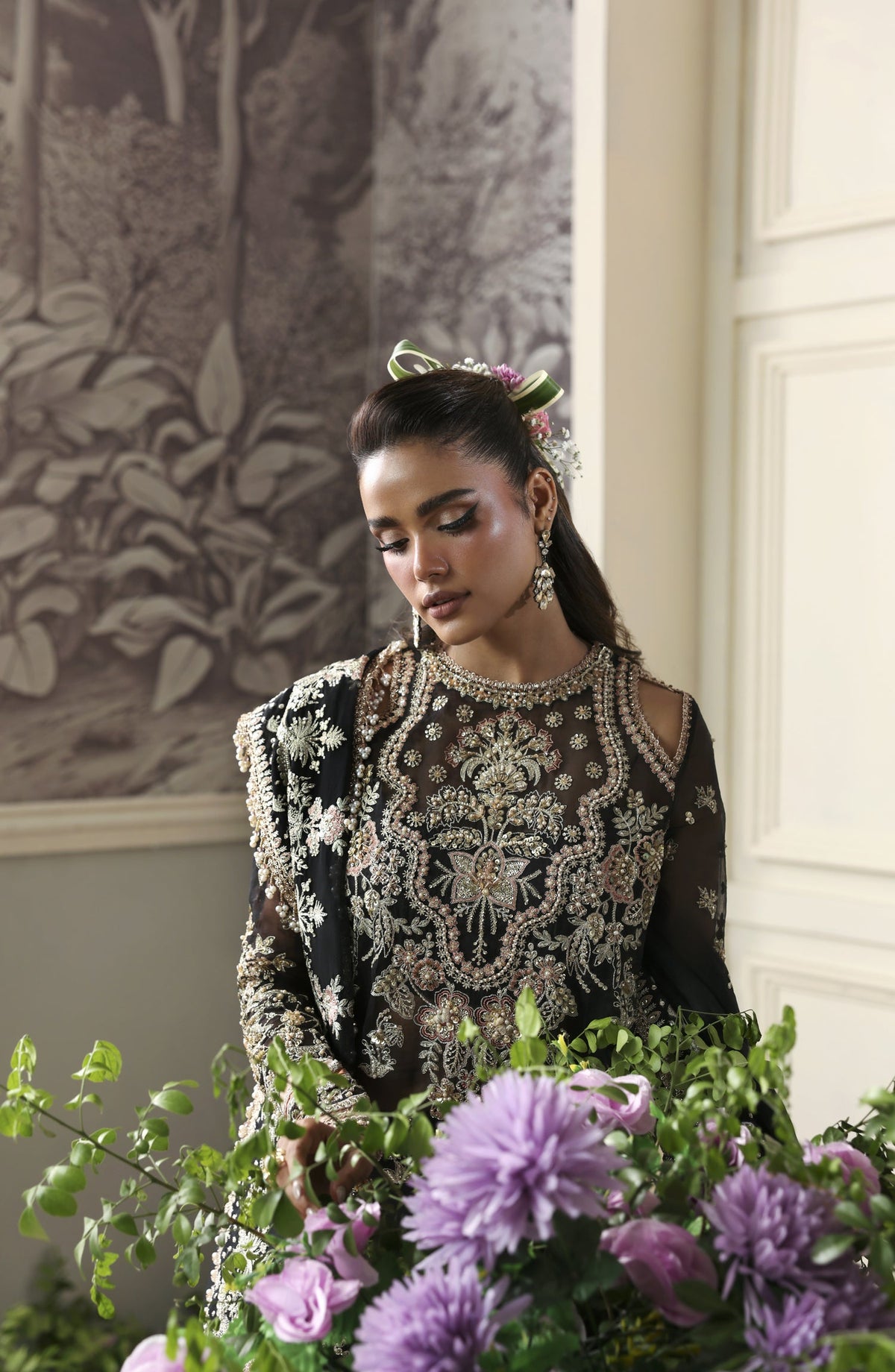 Akbar Aslam Deewani Luxury Embroidered Organza Unstitched 3 Piece Suit - U-1574 - Nocturne - AKA25DW - Black - Formal Collection