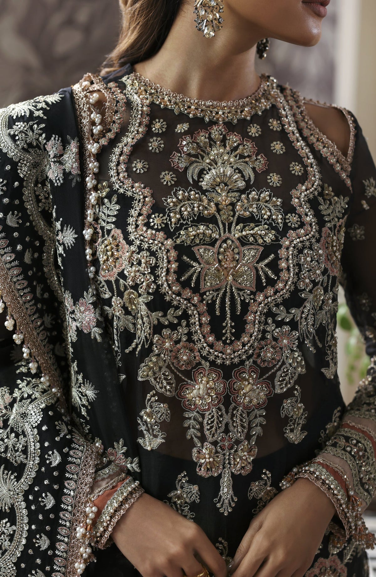 Akbar Aslam Deewani Luxury Embroidered Organza Unstitched 3 Piece Suit - U-1574 - Nocturne - AKA25DW - Black - Formal Collection