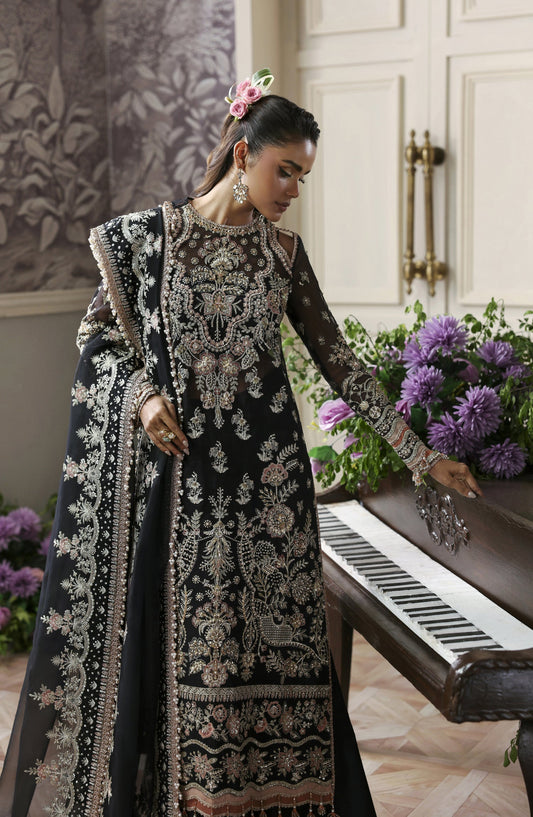 Akbar Aslam Deewani Luxury Embroidered Organza Unstitched 3 Piece Suit - U-1574 - Nocturne - AKA25DW - Black - Formal Collection
