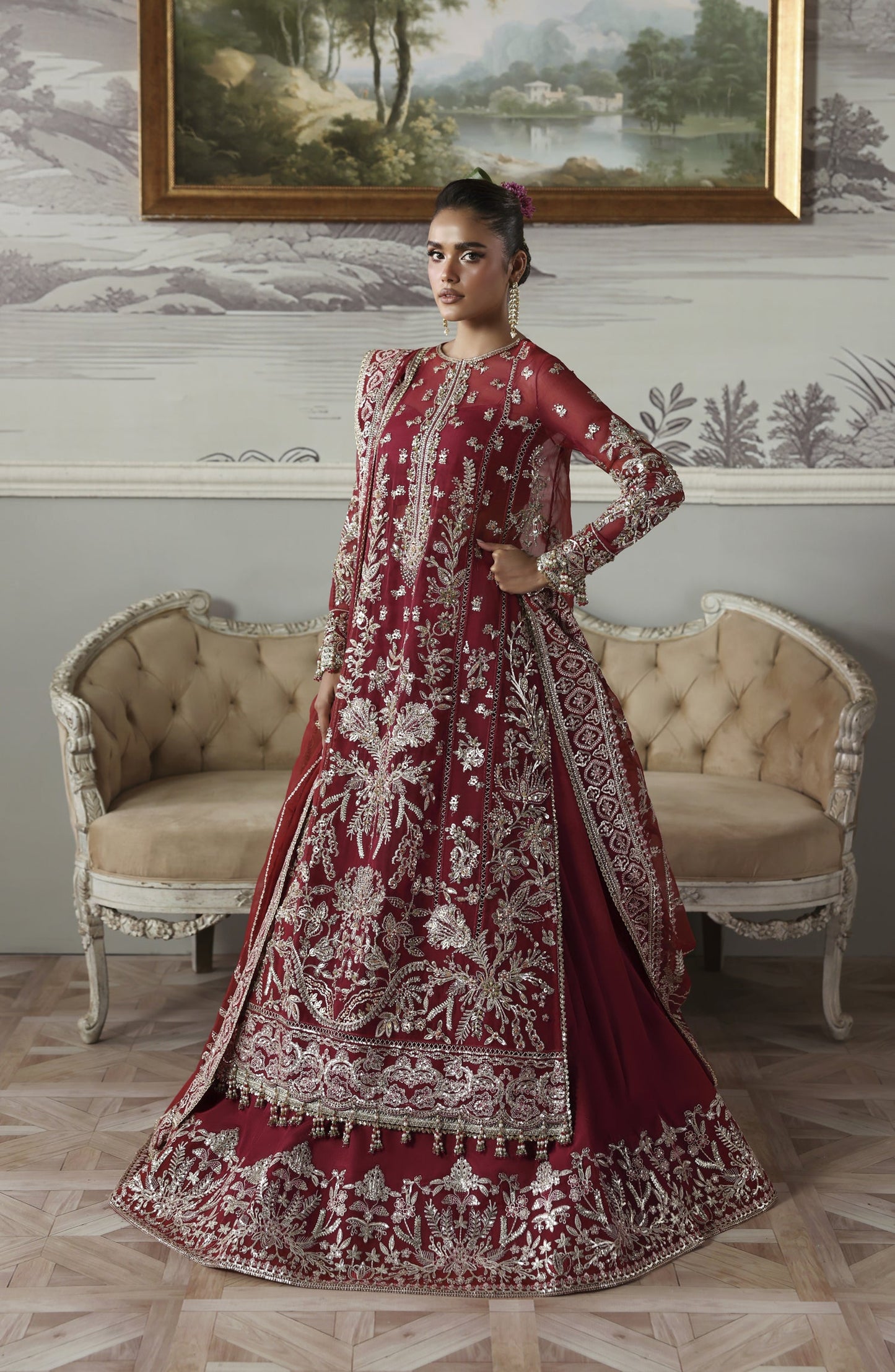 Akbar Aslam Deewani Luxury Embroidered Organza Unstitched 3 Piece Suit - U-1573 - Majeste - AKA25DW - Red - Formal Collection