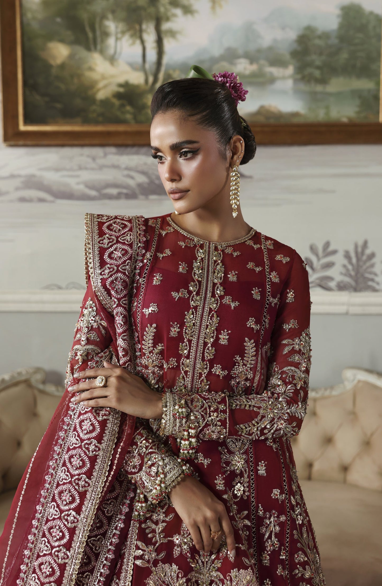 Akbar Aslam Deewani Luxury Embroidered Organza Unstitched 3 Piece Suit - U-1573 - Majeste - AKA25DW - Red - Formal Collection