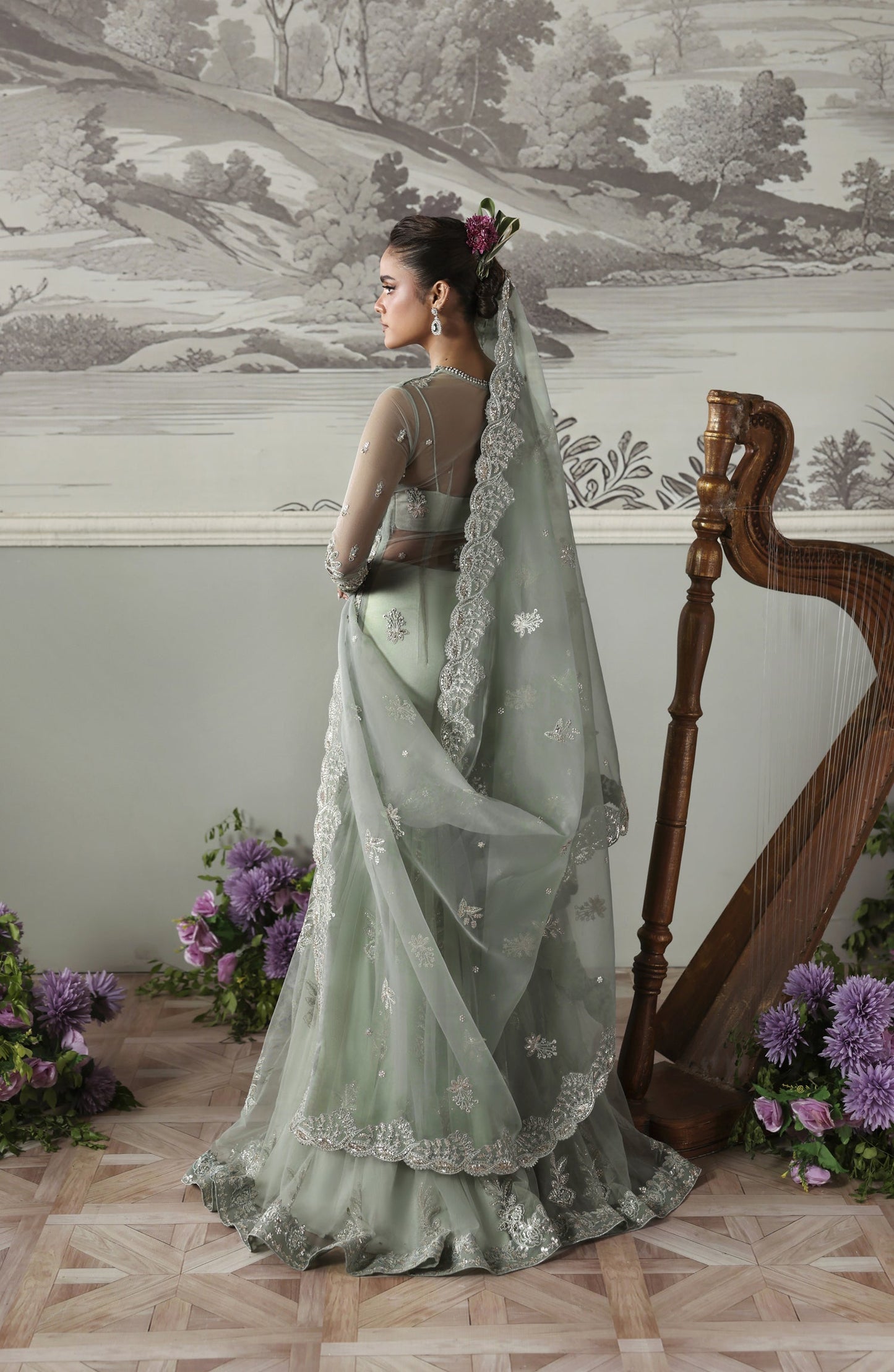 Akbar Aslam Deewani Luxury Embroidered Net Unstitched 3 Piece Suit - U-1572 - Silvenza - AKA25DW - Blue - Formal Collection