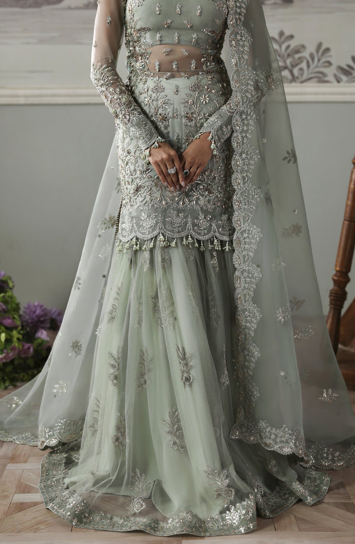 Akbar Aslam Deewani Luxury Embroidered Net Unstitched 3 Piece Suit - U-1572 - Silvenza - AKA25DW - Blue - Formal Collection