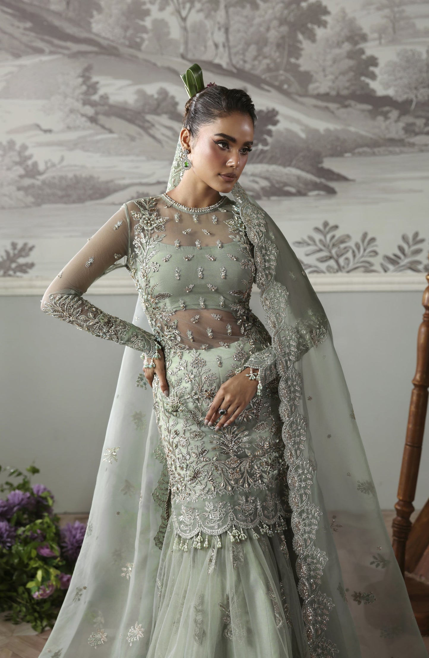 Akbar Aslam Deewani Luxury Embroidered Net Unstitched 3 Piece Suit - U-1572 - Silvenza - AKA25DW - Blue - Formal Collection