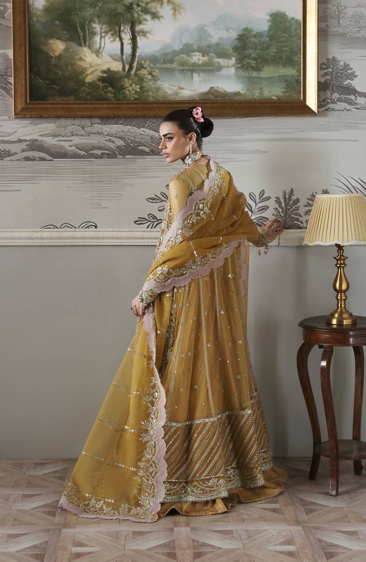 Akbar Aslam Deewani Luxury Embroidered Net Unstitched 3 Piece Suit - U-1571 - Amoria - AKA25DW - Mustard - Formal Collection