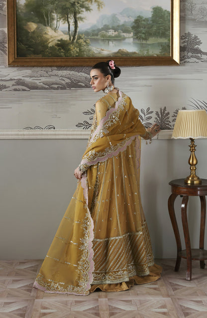 Akbar Aslam Deewani Luxury Embroidered Net Unstitched 3 Piece Suit - U-1571 - Amoria - AKA25DW - Mustard - Formal Collection