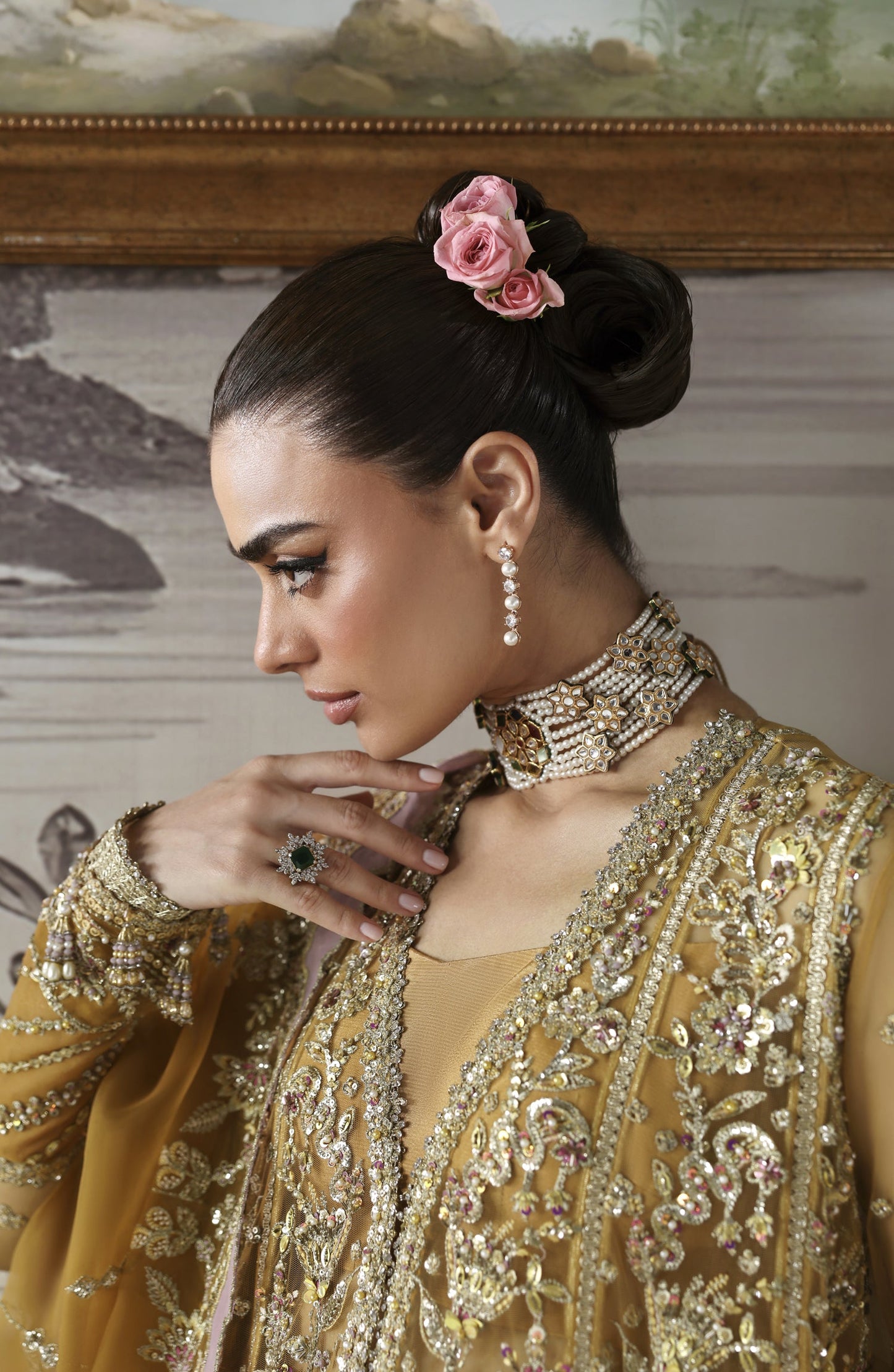 Akbar Aslam Deewani Luxury Embroidered Net Unstitched 3 Piece Suit - U-1571 - Amoria - AKA25DW - Mustard - Formal Collection