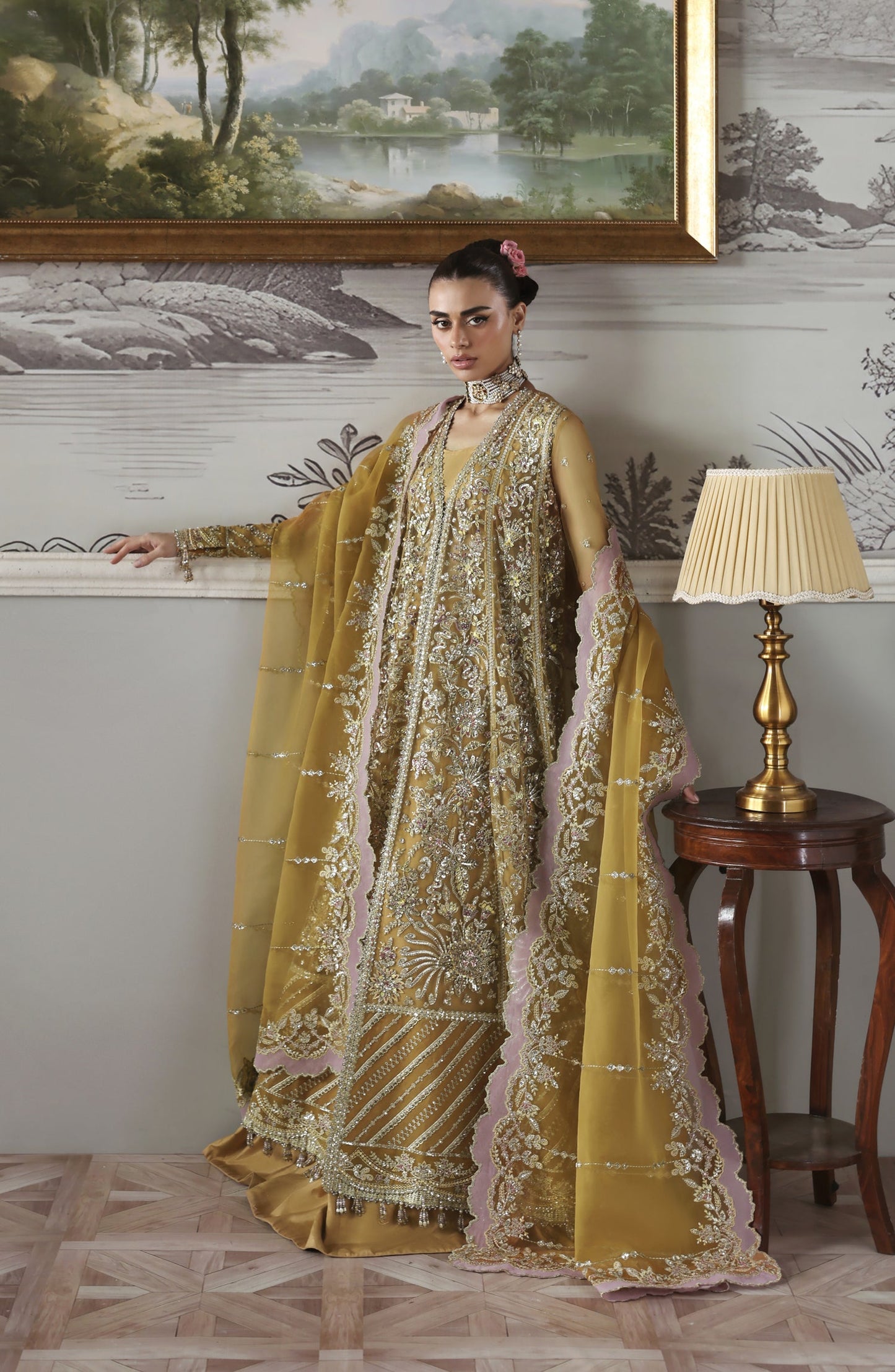 Akbar Aslam Deewani Luxury Embroidered Net Unstitched 3 Piece Suit - U-1571 - Amoria - AKA25DW - Mustard - Formal Collection