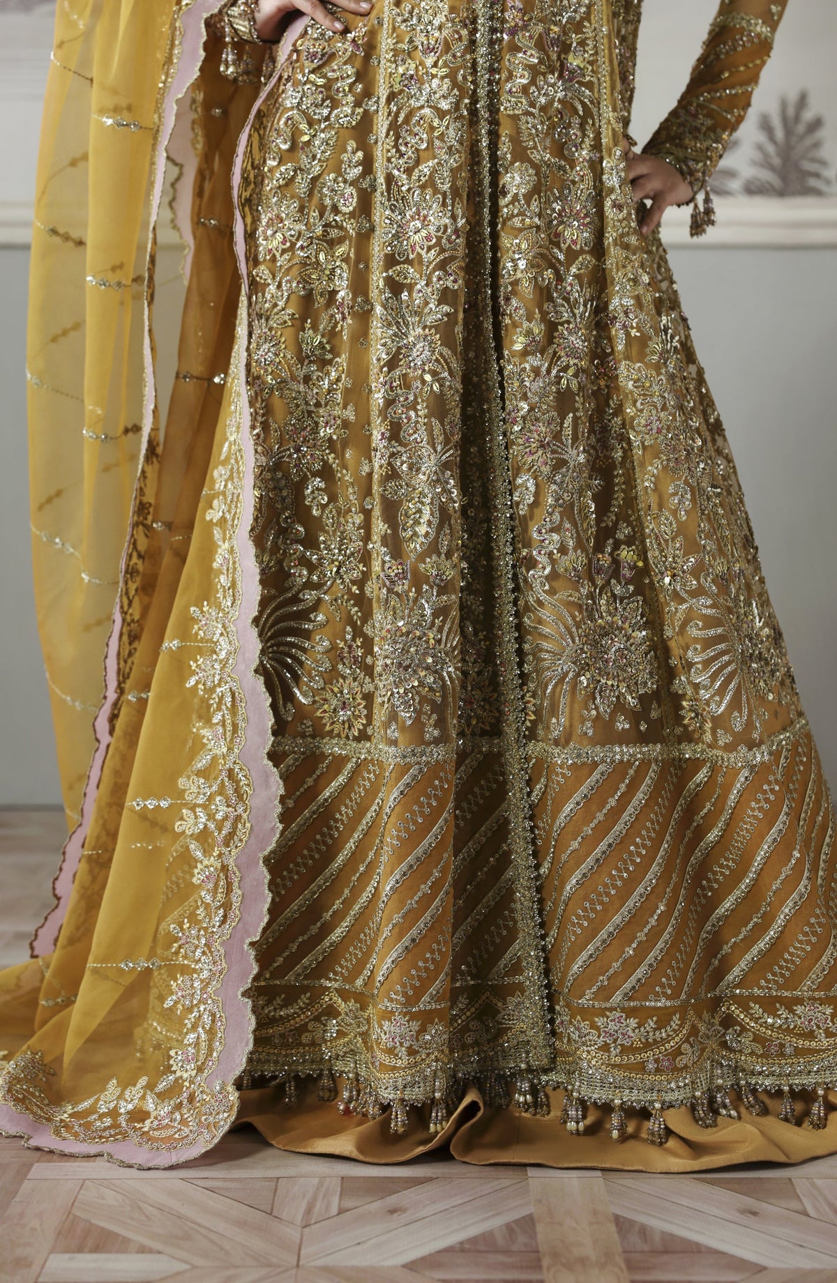 Akbar Aslam Deewani Luxury Embroidered Net Unstitched 3 Piece Suit - U-1571 - Amoria - AKA25DW - Mustard - Formal Collection