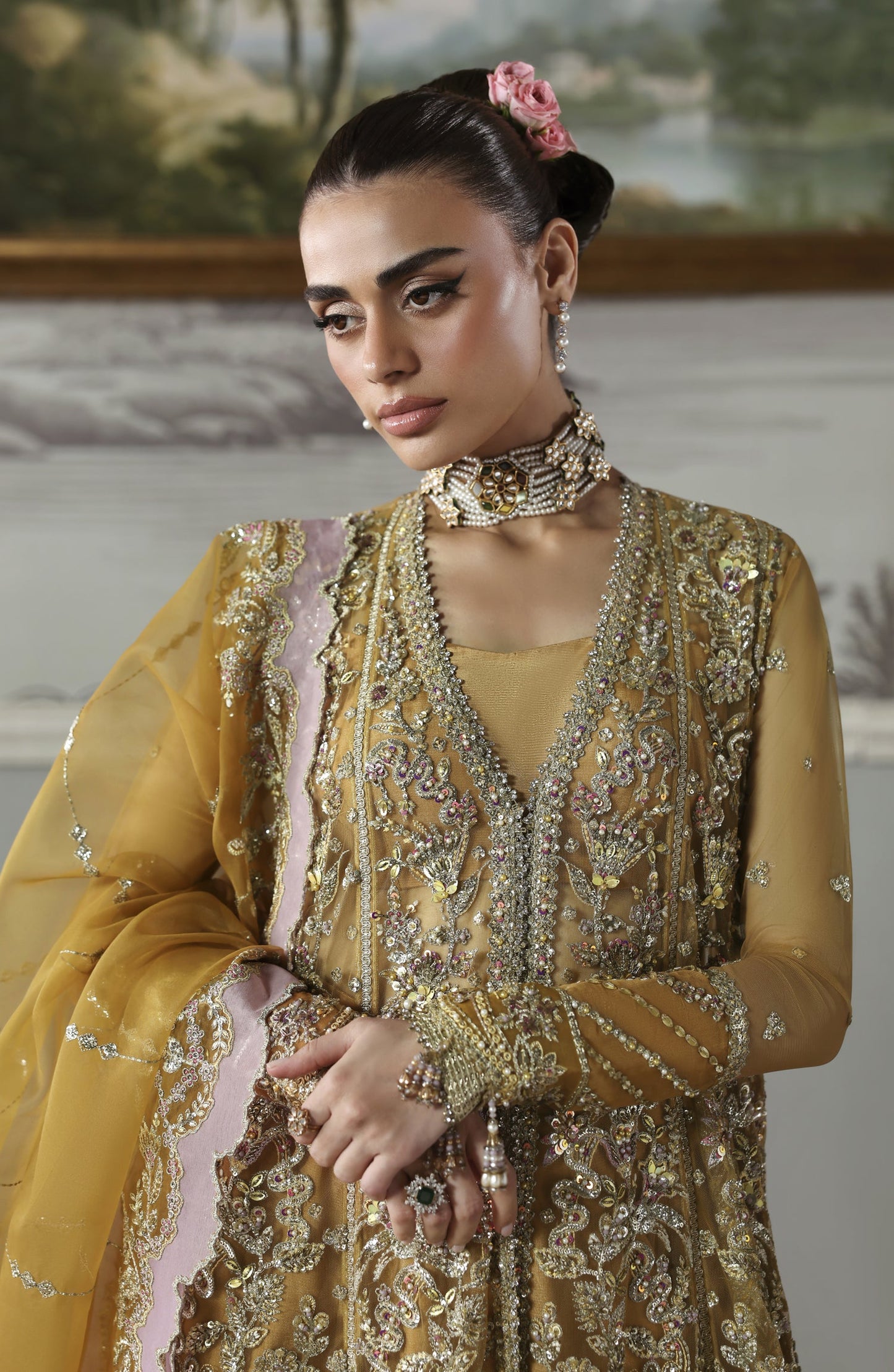 Akbar Aslam Deewani Luxury Embroidered Net Unstitched 3 Piece Suit - U-1571 - Amoria - AKA25DW - Mustard - Formal Collection