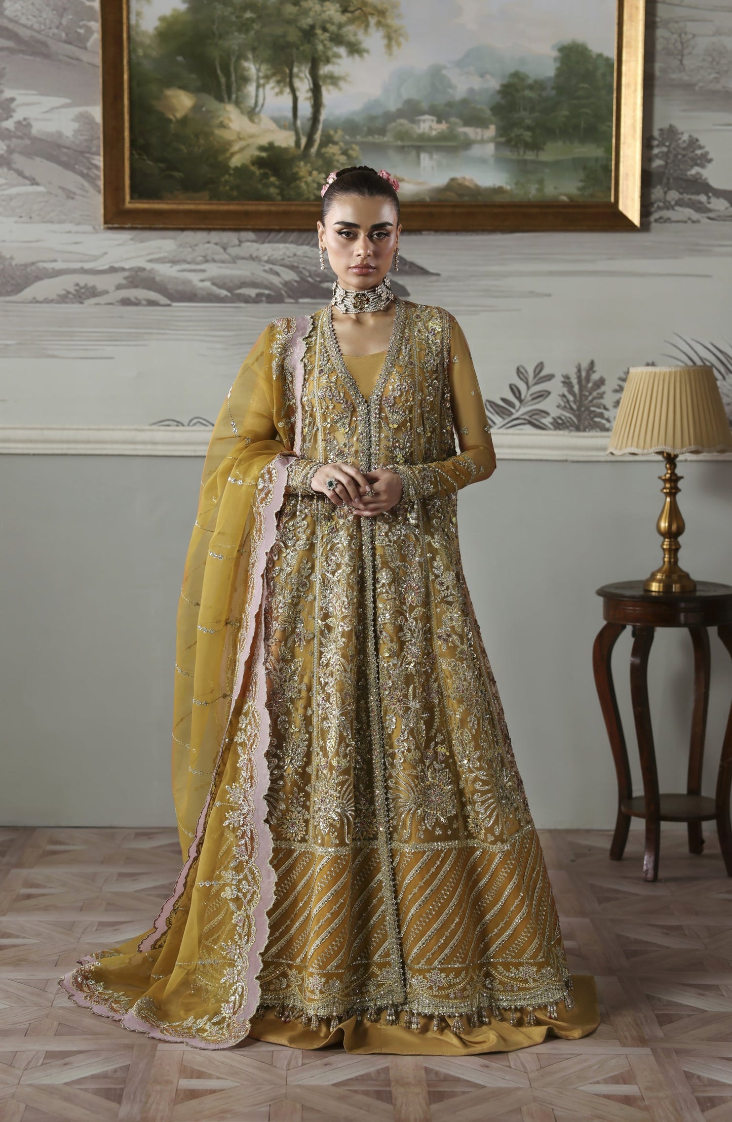 Akbar Aslam Deewani Luxury Embroidered Net Unstitched 3 Piece Suit - U-1571 - Amoria - AKA25DW - Mustard - Formal Collection