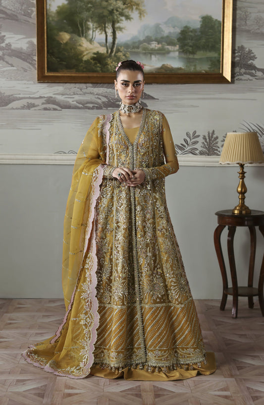 Akbar Aslam Deewani Luxury Embroidered Net Unstitched 3 Piece Suit - U-1571 - Amoria - AKA25DW - Mustard - Formal Collection