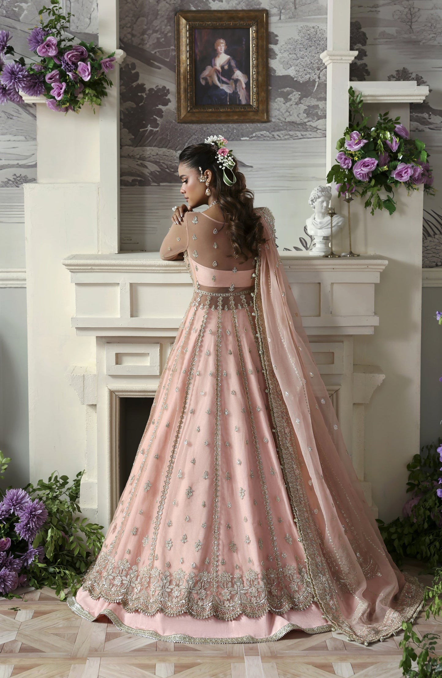 Akbar Aslam Deewani Luxury Embroidered Net Unstitched 3 Piece Suit - U-1570 - Sanoura - AKA25DW - Pink - Formal Collection