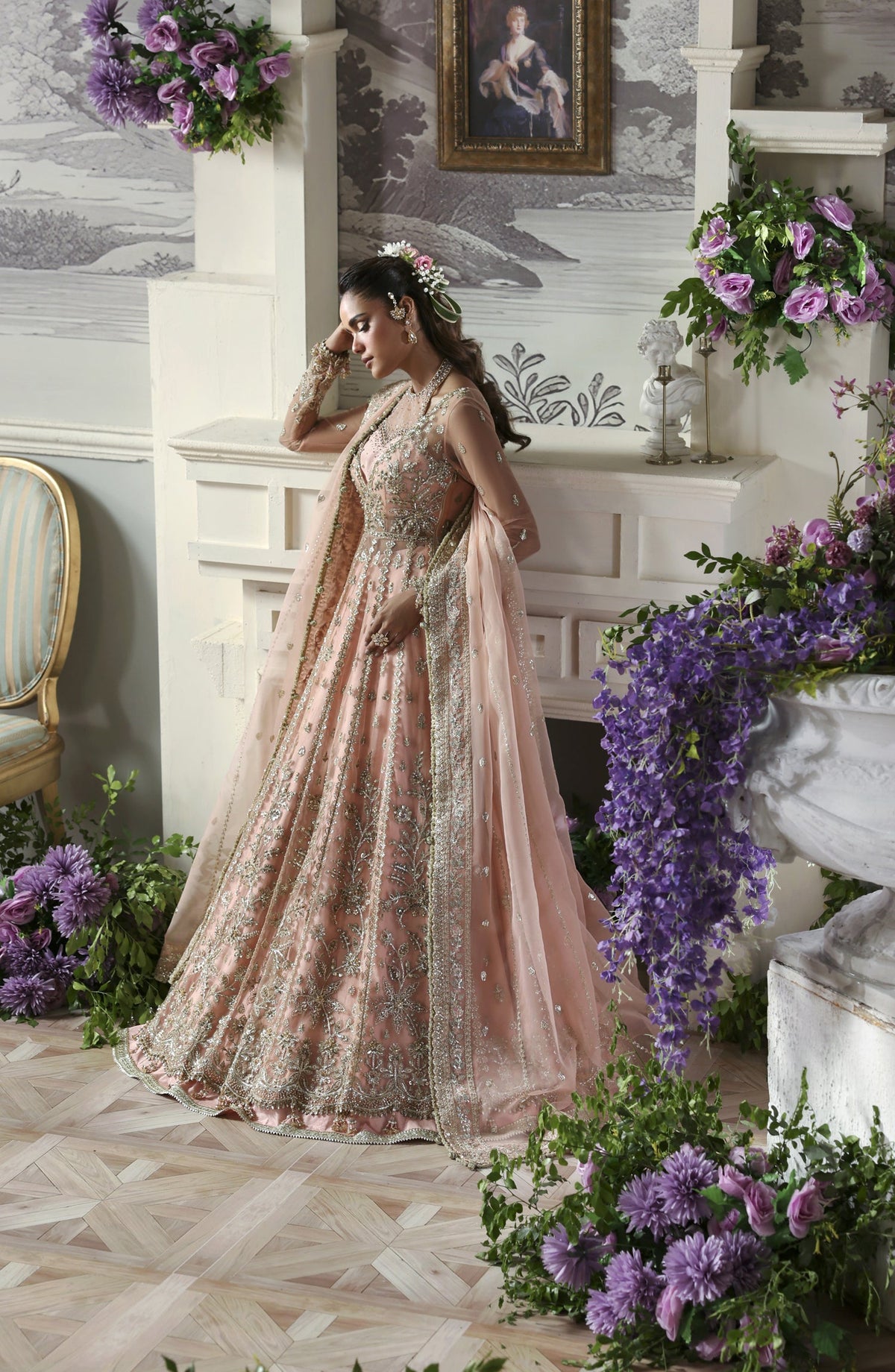 Akbar Aslam Deewani Luxury Embroidered Net Unstitched 3 Piece Suit - U-1570 - Sanoura - AKA25DW - Pink - Formal Collection