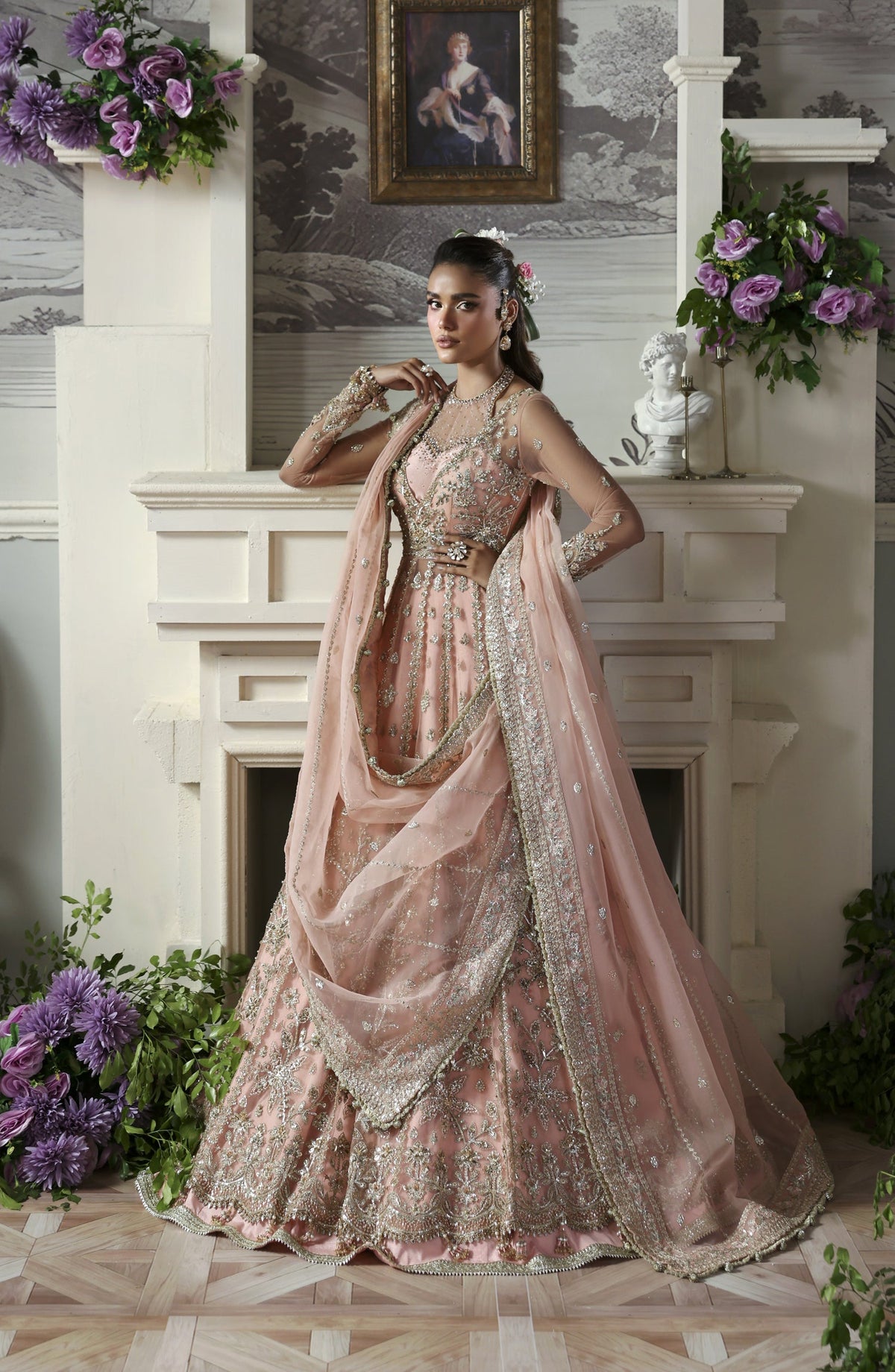 Akbar Aslam Deewani Luxury Embroidered Net Unstitched 3 Piece Suit - U-1570 - Sanoura - AKA25DW - Pink - Formal Collection