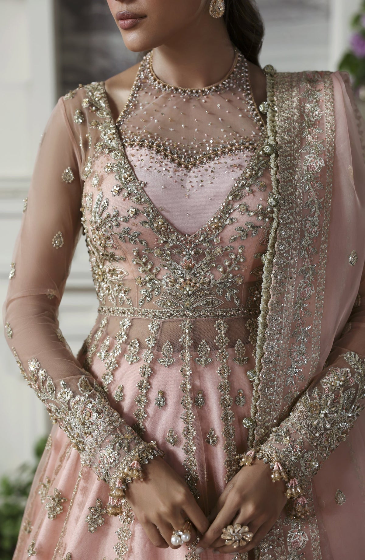 Akbar Aslam Deewani Luxury Embroidered Net Unstitched 3 Piece Suit - U-1570 - Sanoura - AKA25DW - Pink - Formal Collection