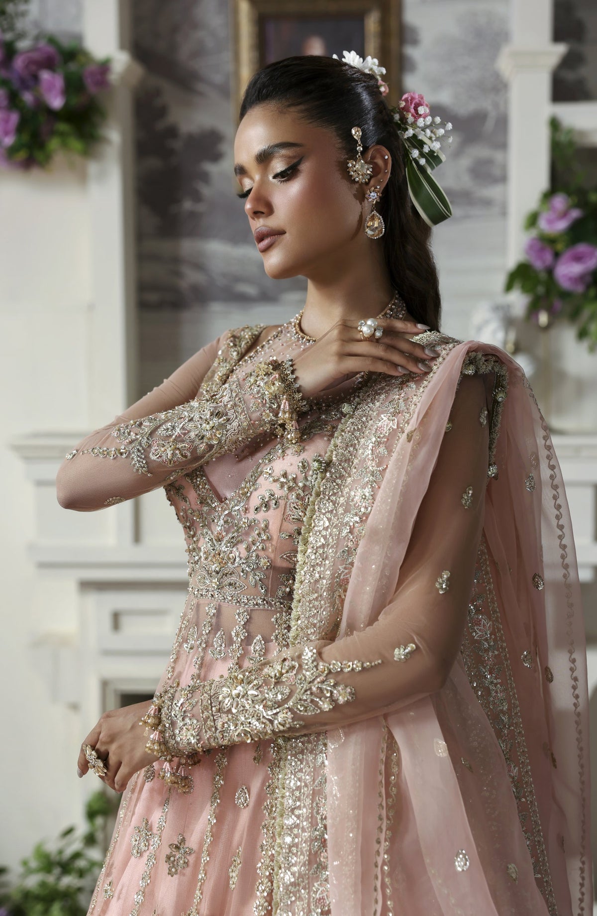 Akbar Aslam Deewani Luxury Embroidered Net Unstitched 3 Piece Suit - U-1570 - Sanoura - AKA25DW - Pink - Formal Collection
