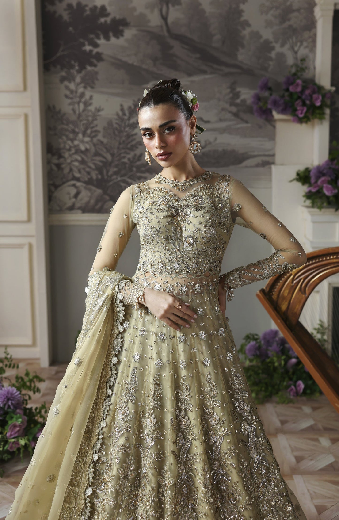 Akbar Aslam Deewani Luxury Embroidered Net Unstitched 3 Piece Suit - U-1569 - Mintara - AKA25DW - Pista Green - Formal Collection