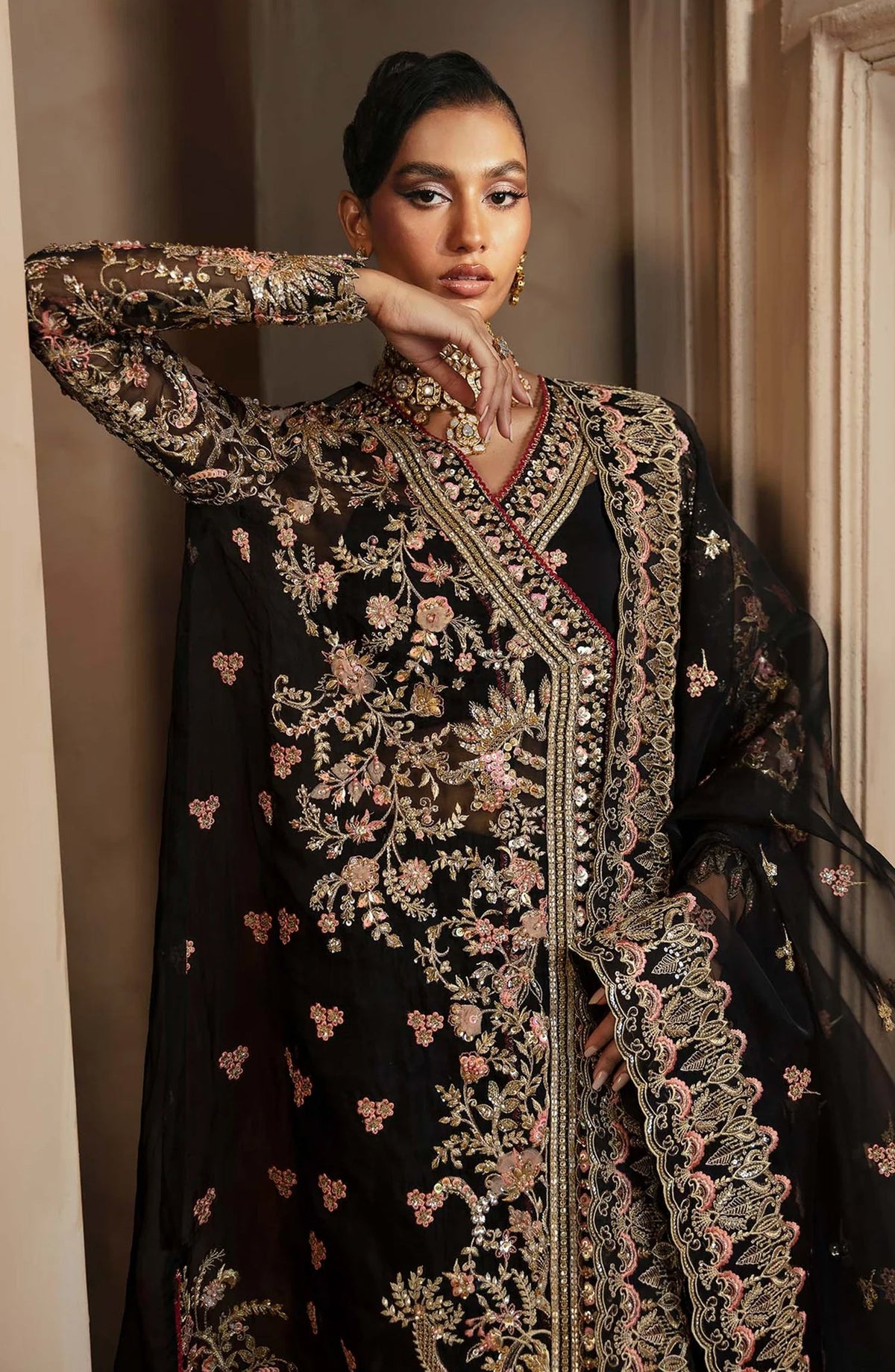 Deewani by Akbar Aslam Luxury Formals Embroidered Organza Unstitched 3 Piece Suit - Elysia - AKA25DWN2 - Black - Festive Collection