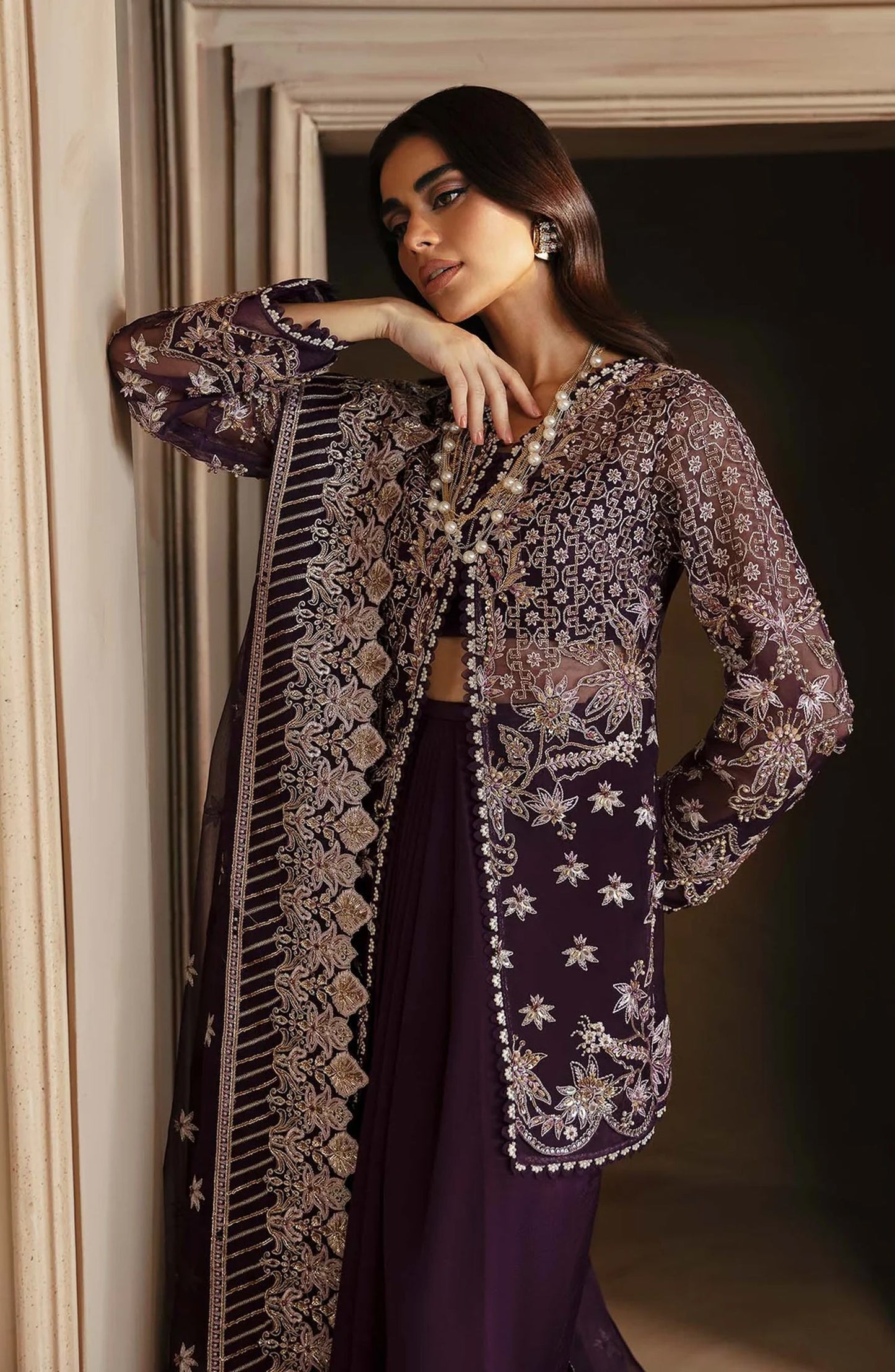 Deewani by Akbar Aslam Luxury Formals Embroidered Organza Unstitched 3 Piece Suit - Elowen - AKA25DWN2 - Purple - Festive Collection