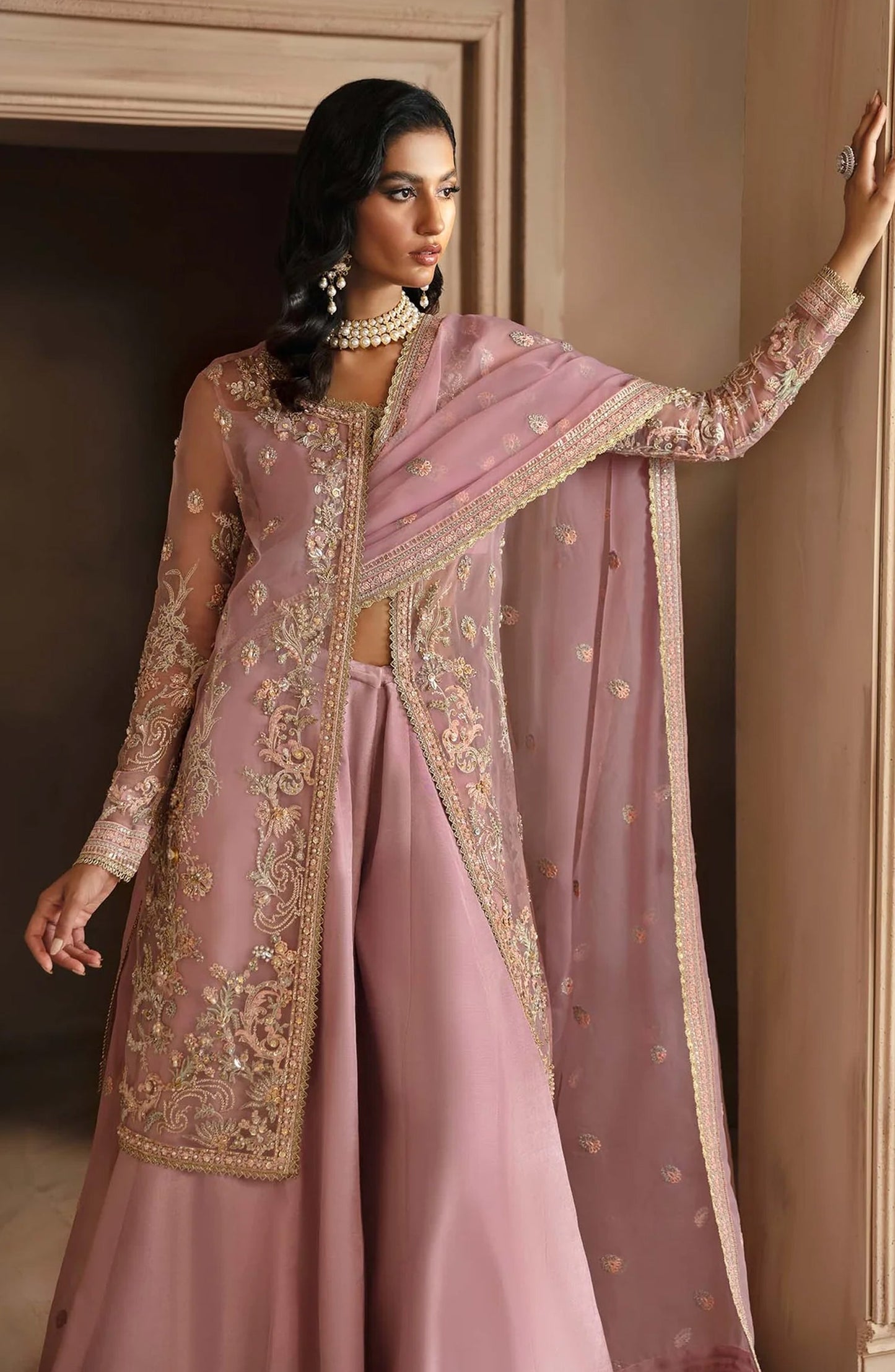 Deewani by Akbar Aslam Luxury Formals Embroidered Organza Unstitched 3 Piece Suit - Seraphine - AKA25DWN2 - Pink - Festive Collection