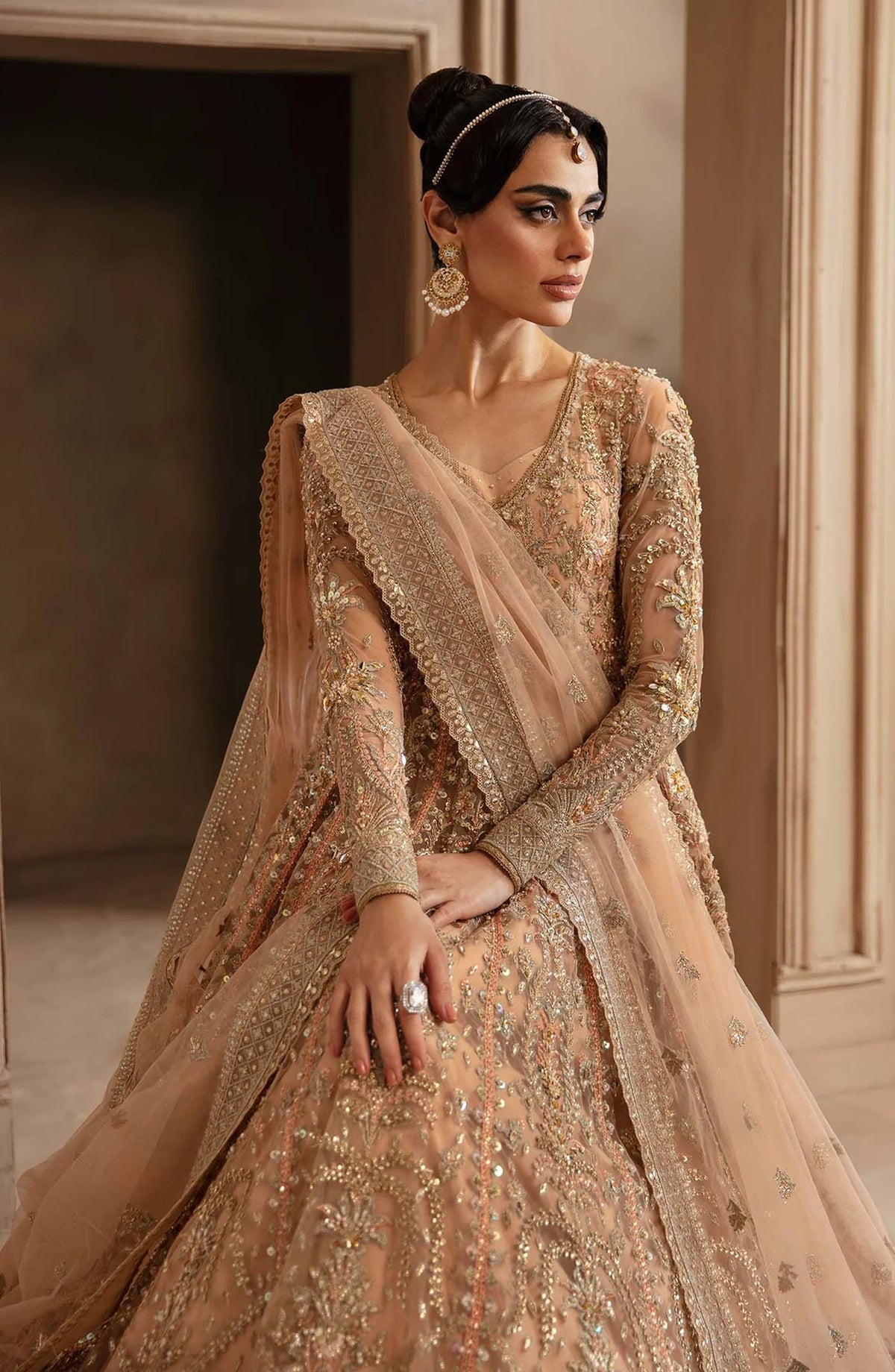 Deewani by Akbar Aslam Luxury Formals Embroidered Net Unstitched 3 Piece Suit - Aveline - AKA25DWN2 - Peach - Festive Collection