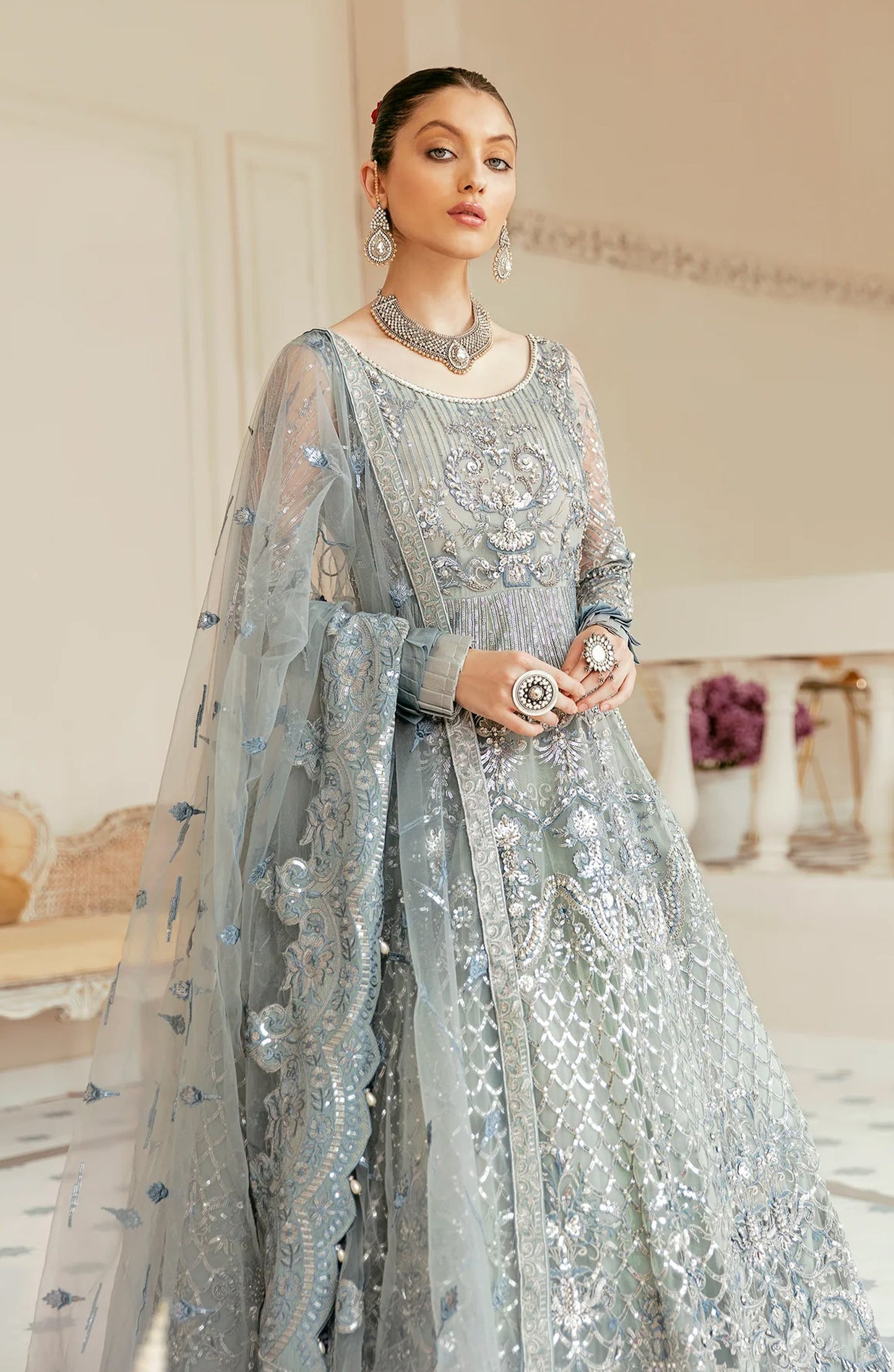 Akbar Aslam Luxury Embroidered Net Unstitched 3 Piece Suit - Bali - AKA25LXF - Blue - Festive Collection