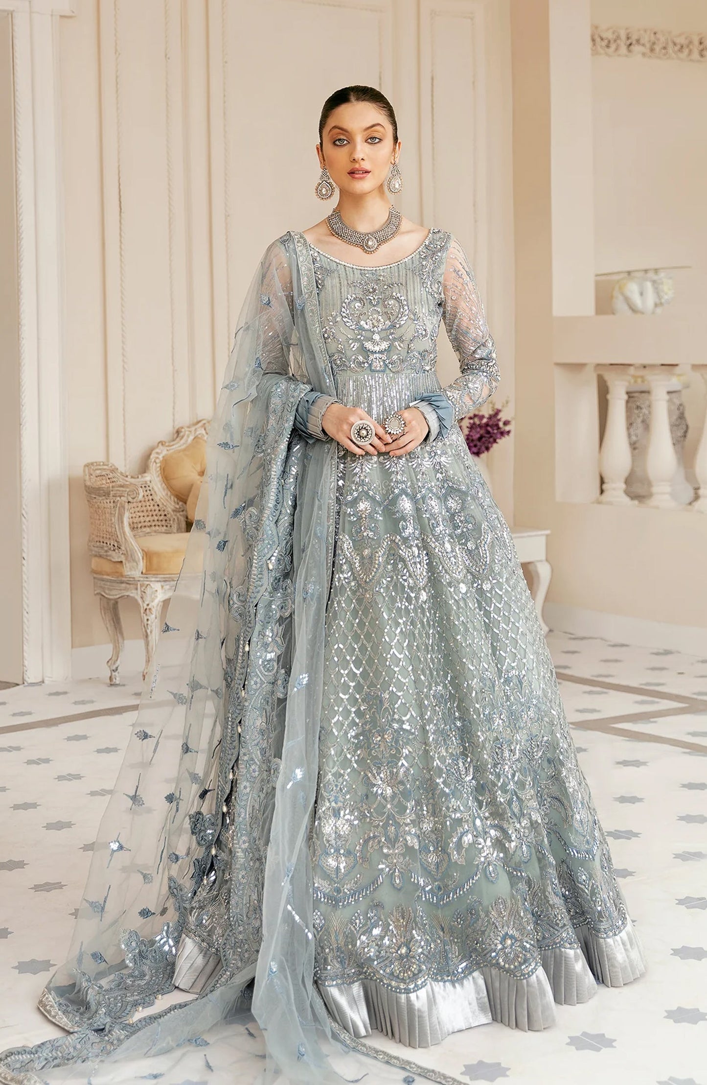 Akbar Aslam Luxury Embroidered Net Unstitched 3 Piece Suit - Bali - AKA25LXF - Blue - Festive Collection