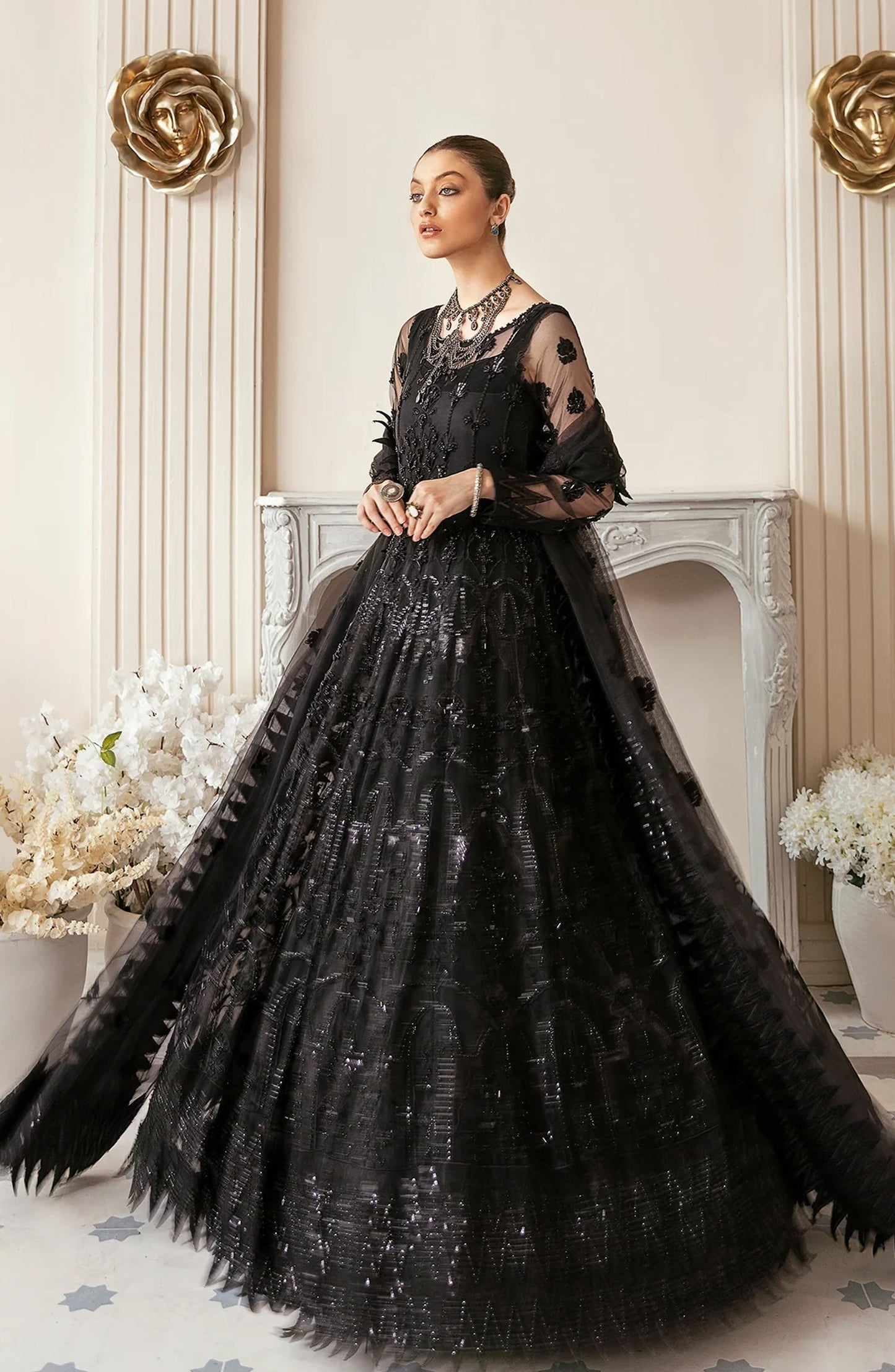 Akbar Aslam Luxury Embroidered Net Unstitched 3 Piece Suit - Vritra - AKA25LXF - Black - Festive Collection