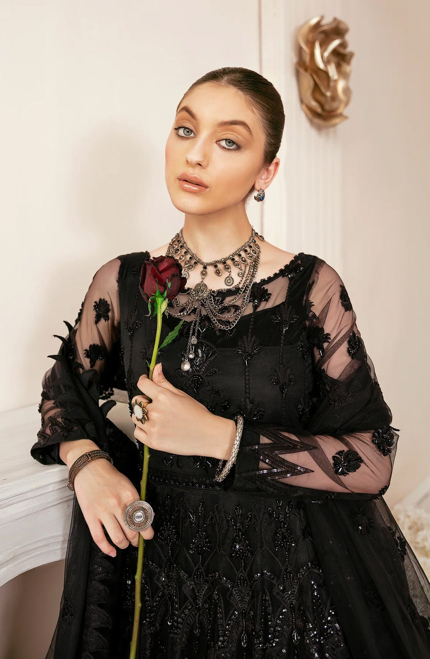 Akbar Aslam Luxury Embroidered Net Unstitched 3 Piece Suit - Vritra - AKA25LXF - Black - Festive Collection