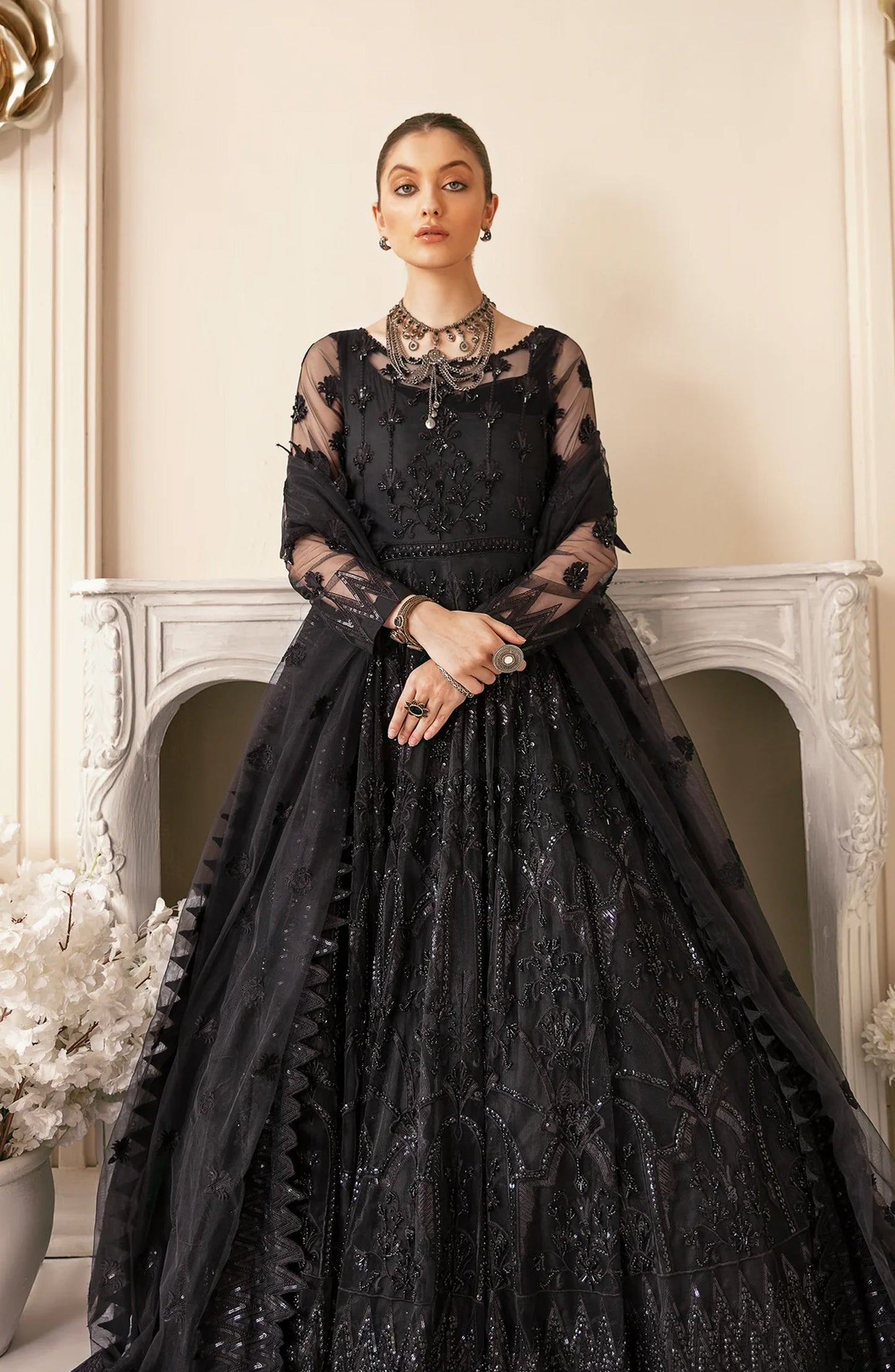 Akbar Aslam Luxury Embroidered Net Unstitched 3 Piece Suit - Vritra - AKA25LXF - Black - Festive Collection