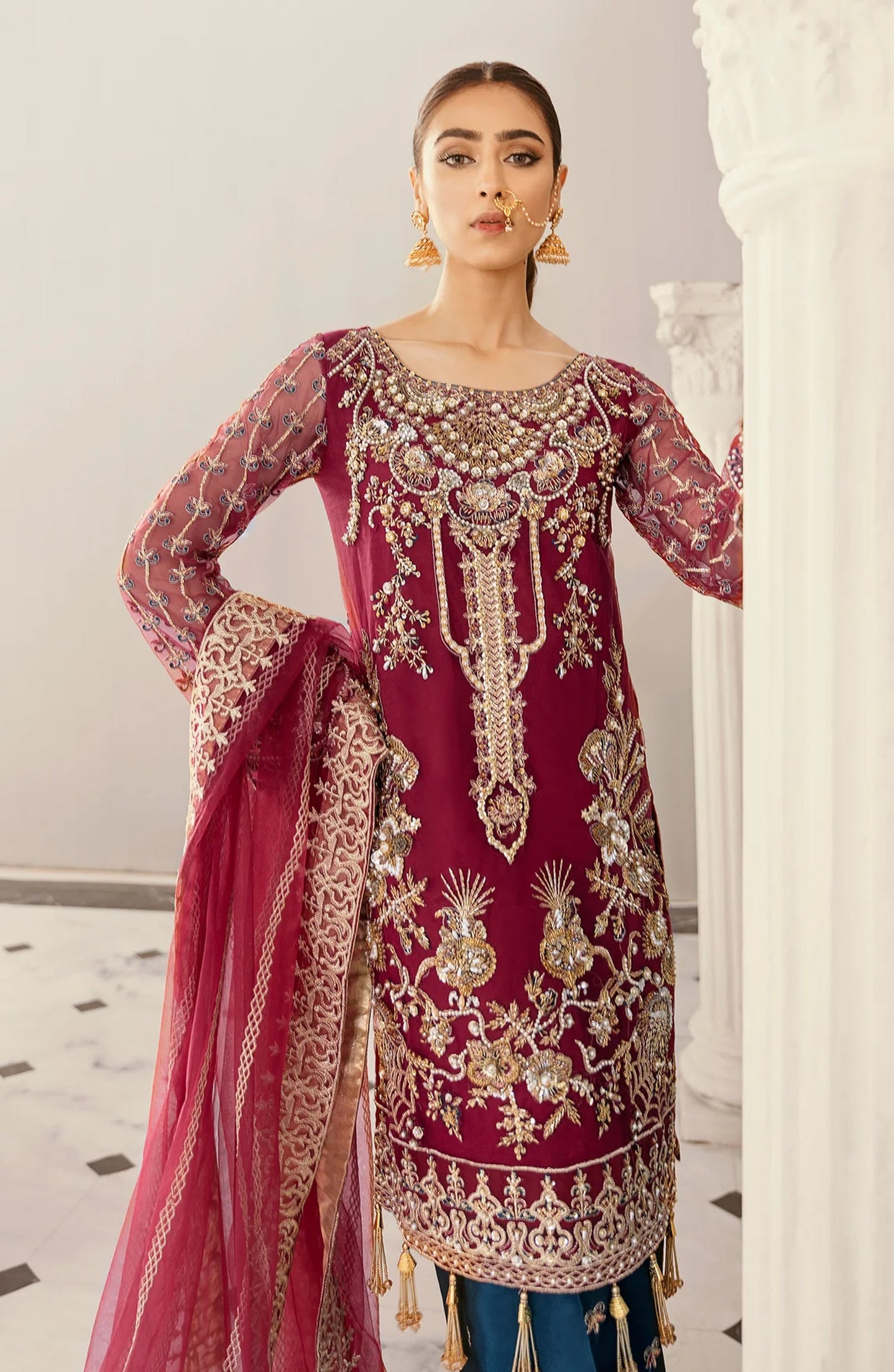 Akbar Aslam Luxury Embroidered Net Unstitched 3 Piece Suit - Agave - AKA25LXF - Red - Festive Collection