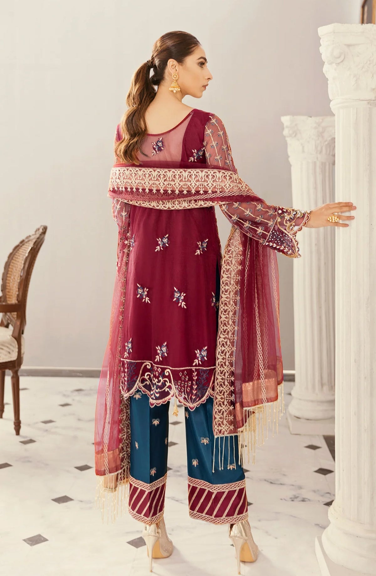 Akbar Aslam Luxury Embroidered Net Unstitched 3 Piece Suit - Agave - AKA25LXF - Red - Festive Collection