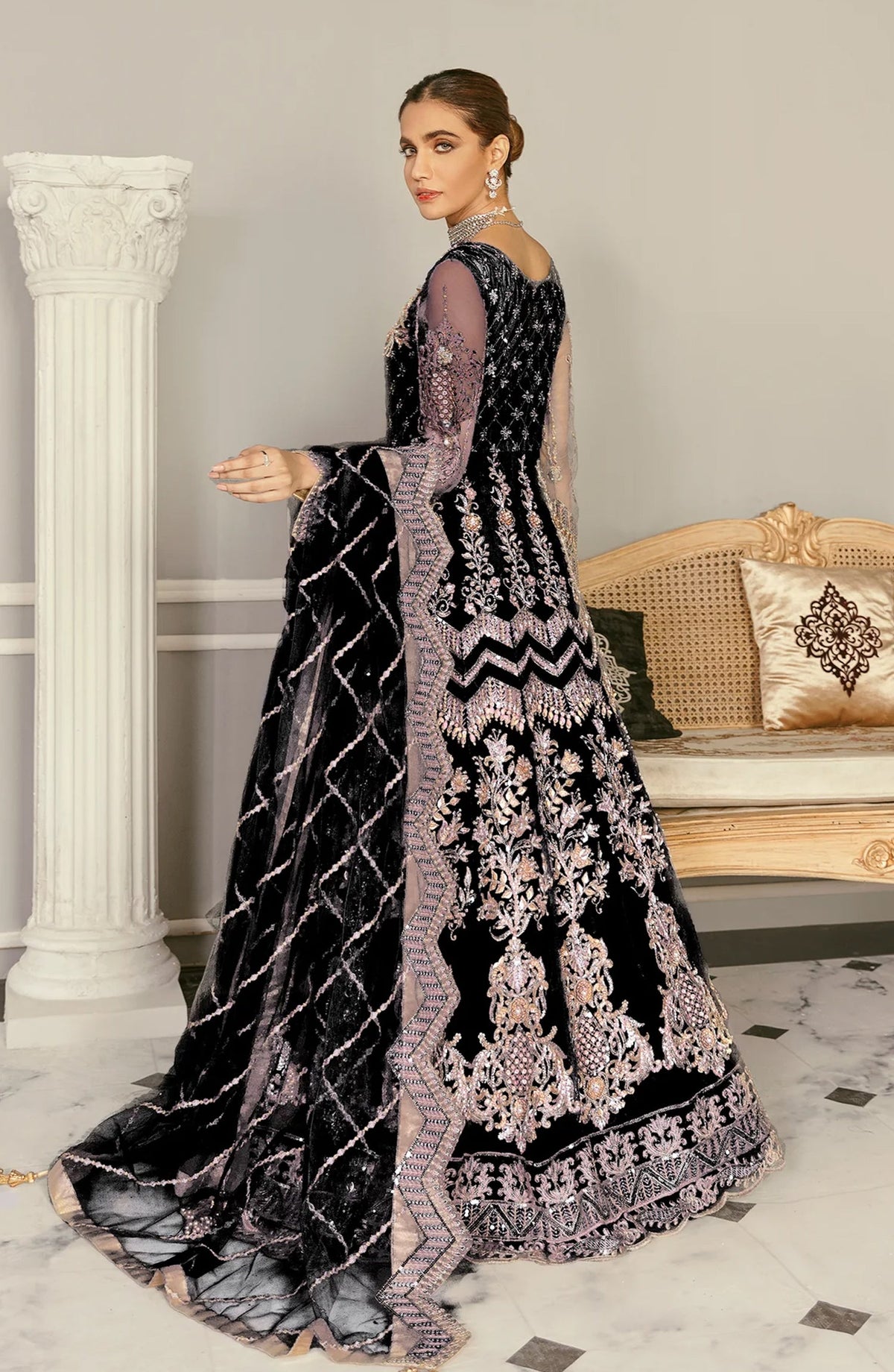 Akbar Aslam Luxury Embroidered Net Unstitched 3 Piece Suit - Wisteria Black - AKA25LXF - Festive Collection