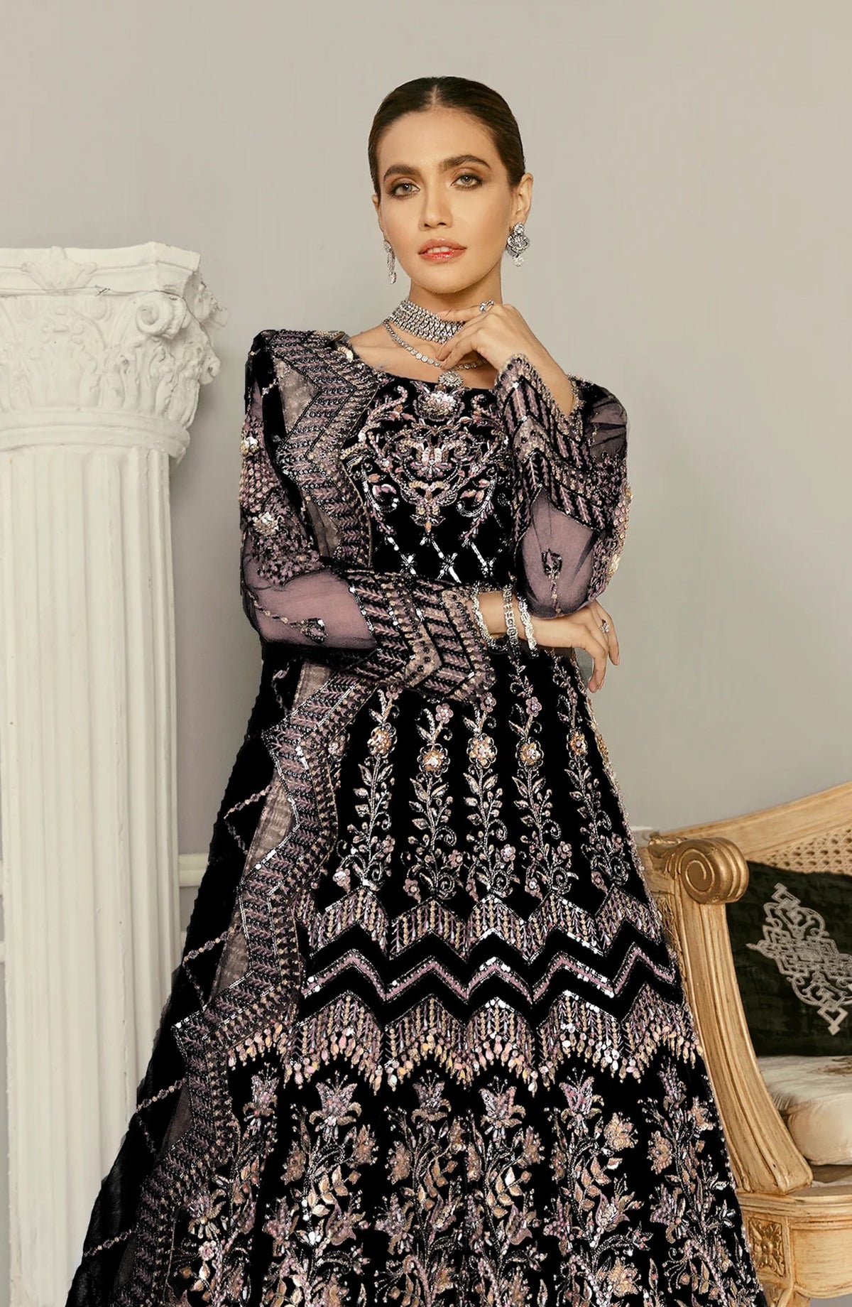 Akbar Aslam Luxury Embroidered Net Unstitched 3 Piece Suit - Wisteria Black - AKA25LXF - Festive Collection