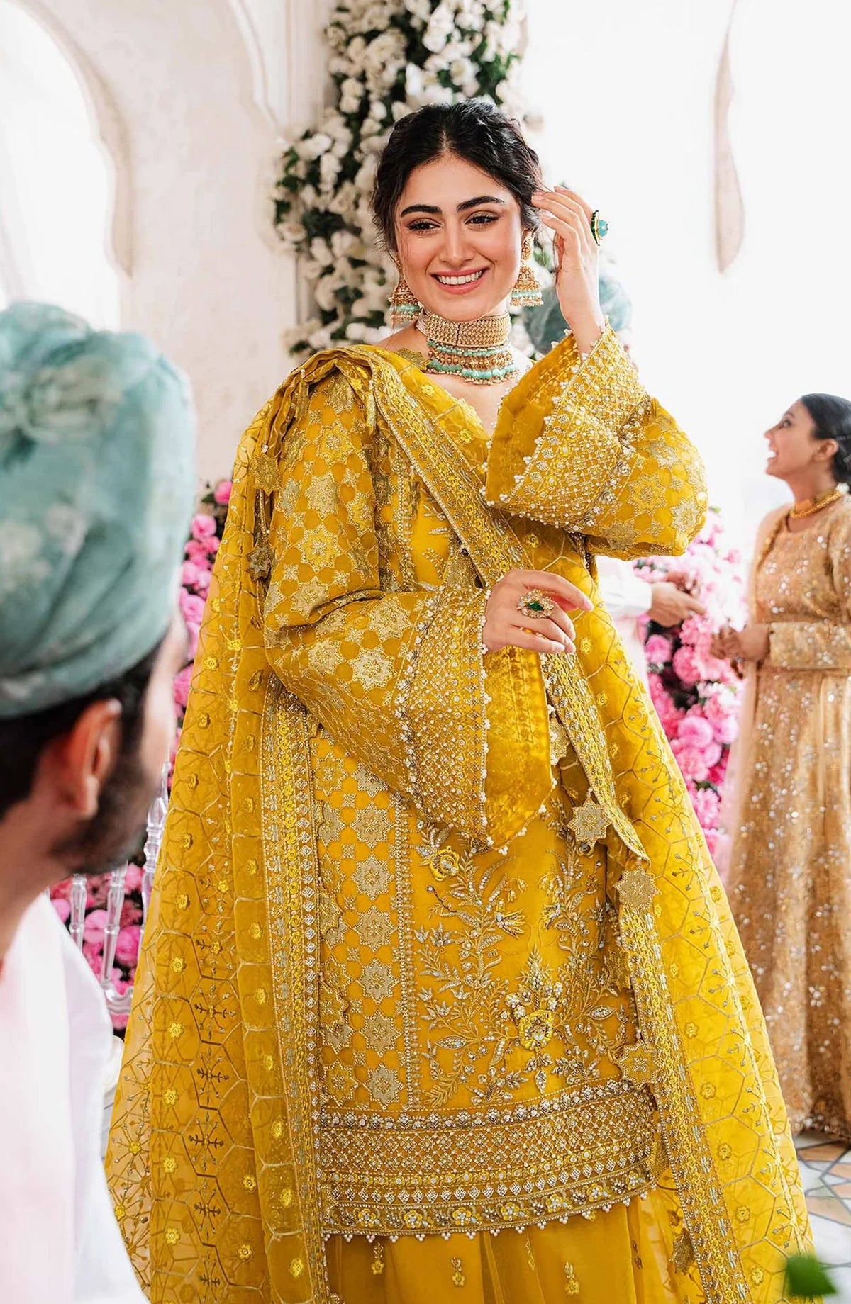 Akbar Aslam Shadmani Luxury Formal Embroidered Organza Unstitched 3 Piece Suit - Meena - AKA25SHD - Yellow - Festive Collection