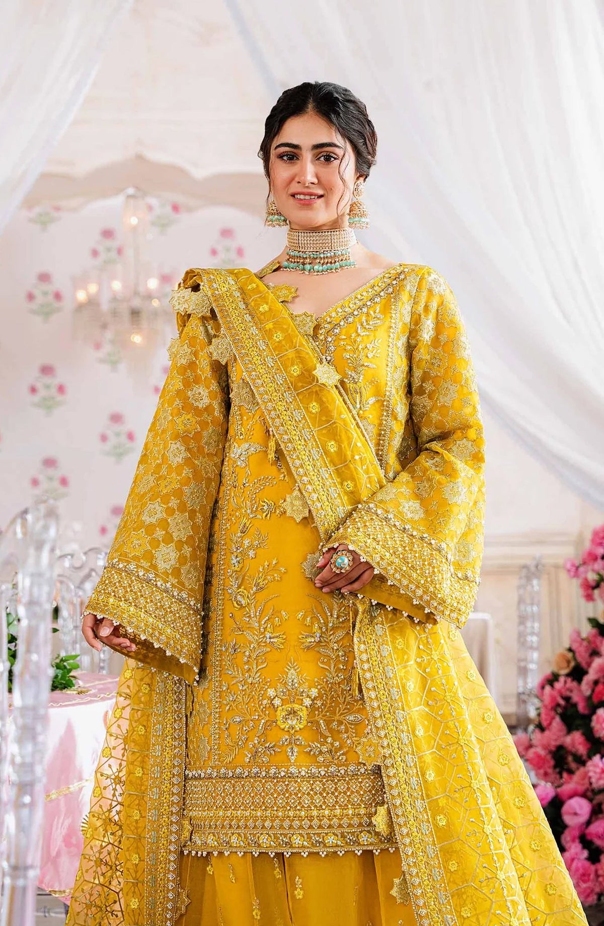 Akbar Aslam Shadmani Luxury Formal Embroidered Organza Unstitched 3 Piece Suit - Meena - AKA25SHD - Yellow - Festive Collection
