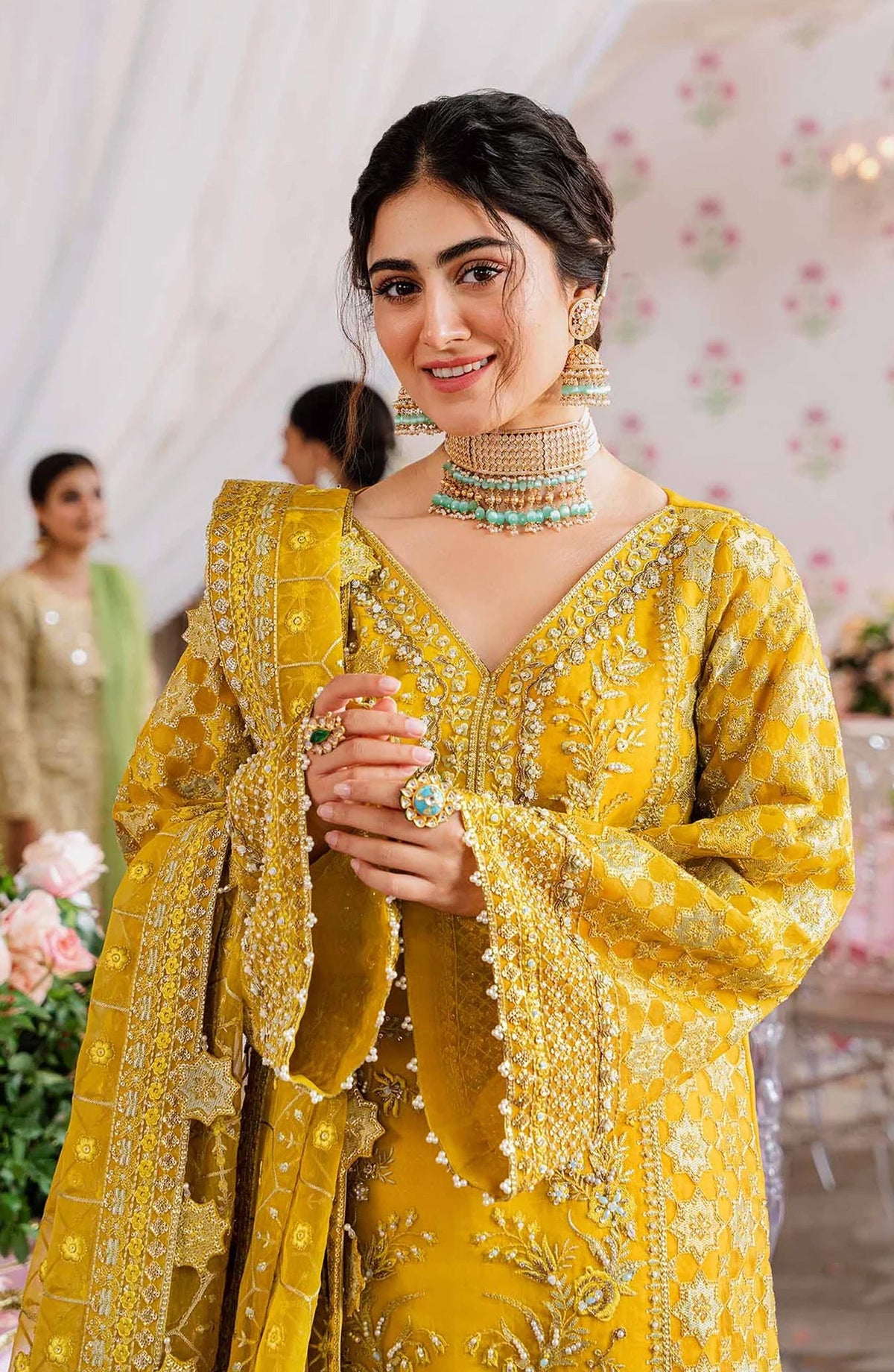 Akbar Aslam Shadmani Luxury Formal Embroidered Organza Unstitched 3 Piece Suit - Meena - AKA25SHD - Yellow - Festive Collection