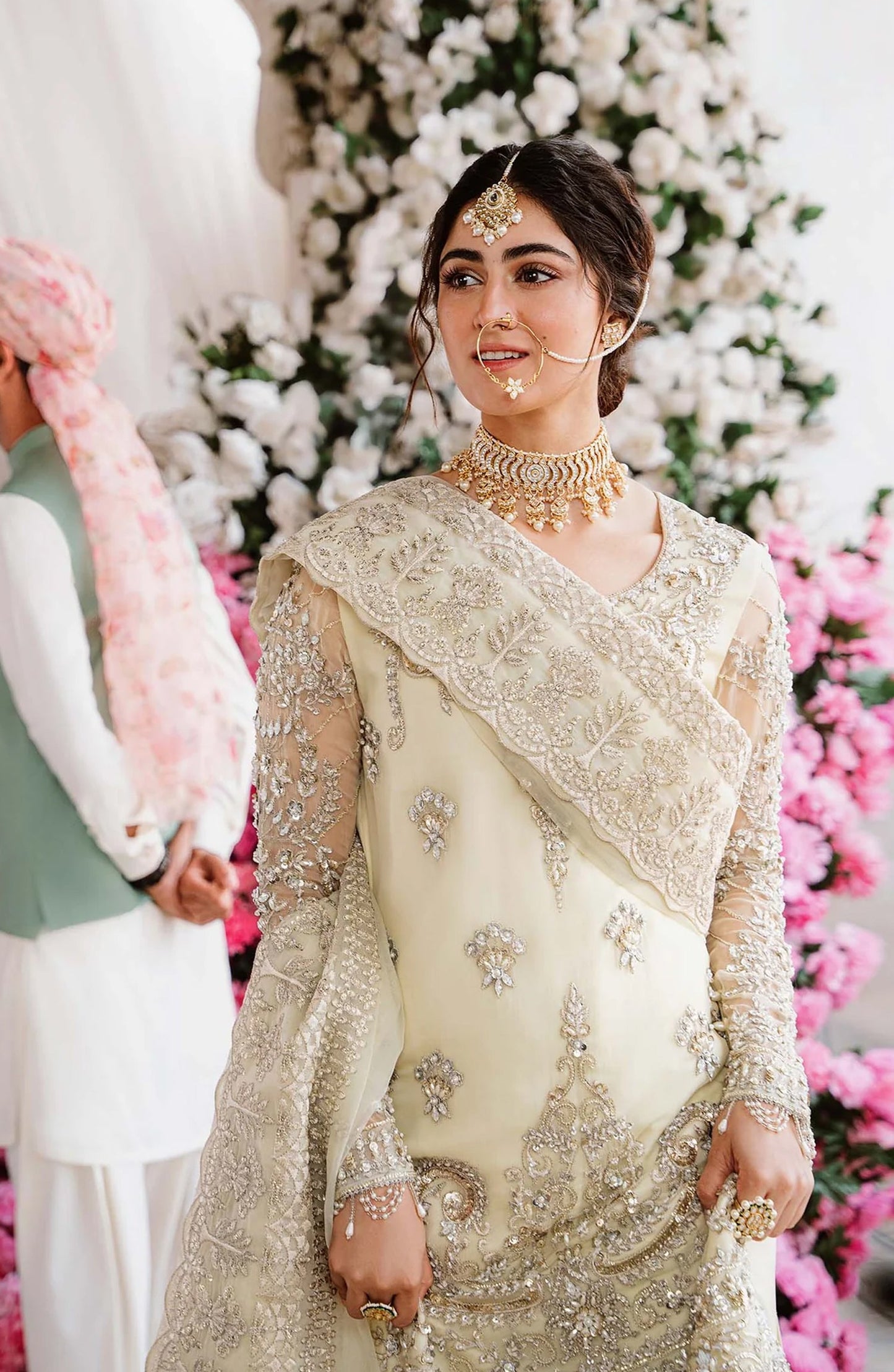 Akbar Aslam Shadmani Luxury Formal Embroidered Chiffon Unstitched 3 Piece Suit - Nahla - AKA25SHD - Fawn - Festive Collection