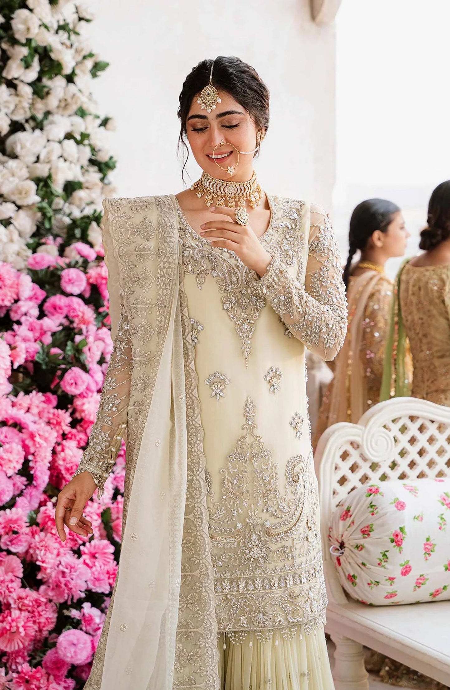 Akbar Aslam Shadmani Luxury Formal Embroidered Chiffon Unstitched 3 Piece Suit - Nahla - AKA25SHD - Fawn - Festive Collection