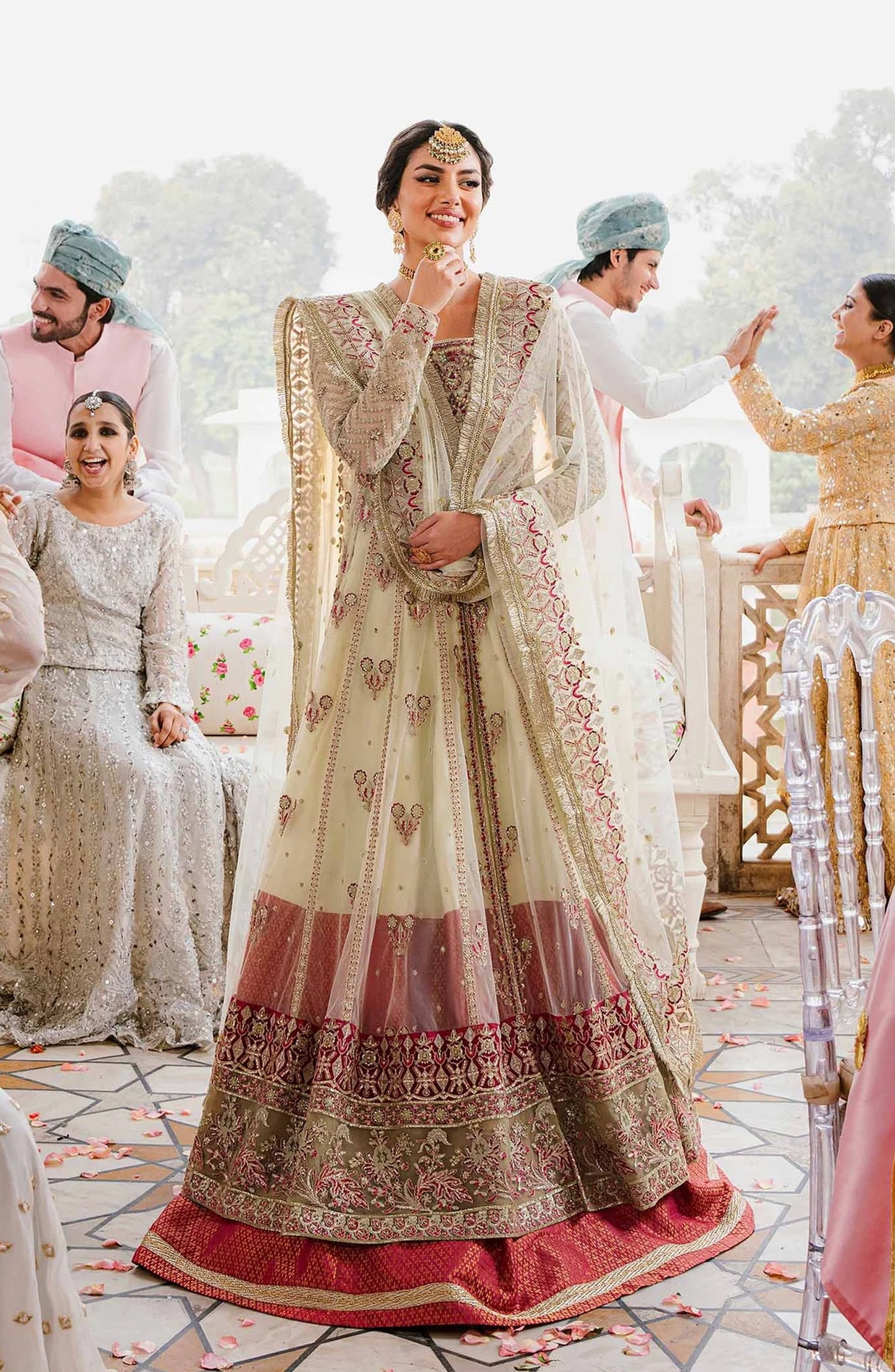 Akbar Aslam Shadmani Luxury Formal Embroidered Net Unstitched 3 Piece Suit - Kaneel - AKA25SHD - Fawn - Festive Collection
