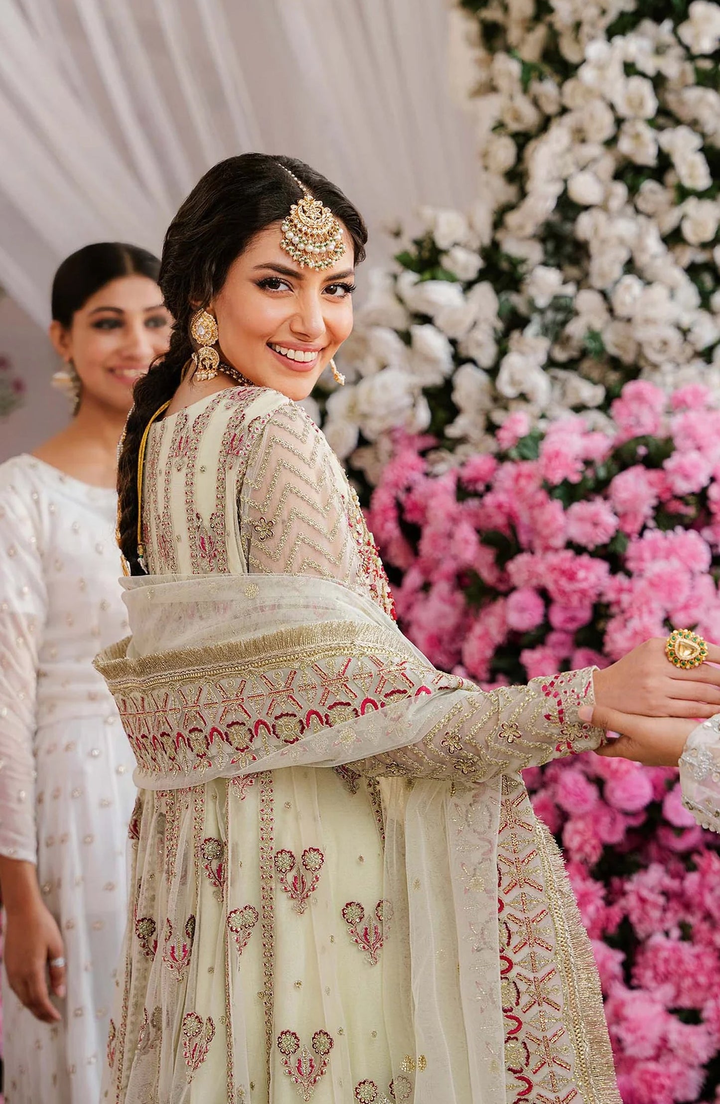 Akbar Aslam Shadmani Luxury Formal Embroidered Net Unstitched 3 Piece Suit - Kaneel - AKA25SHD - Fawn - Festive Collection