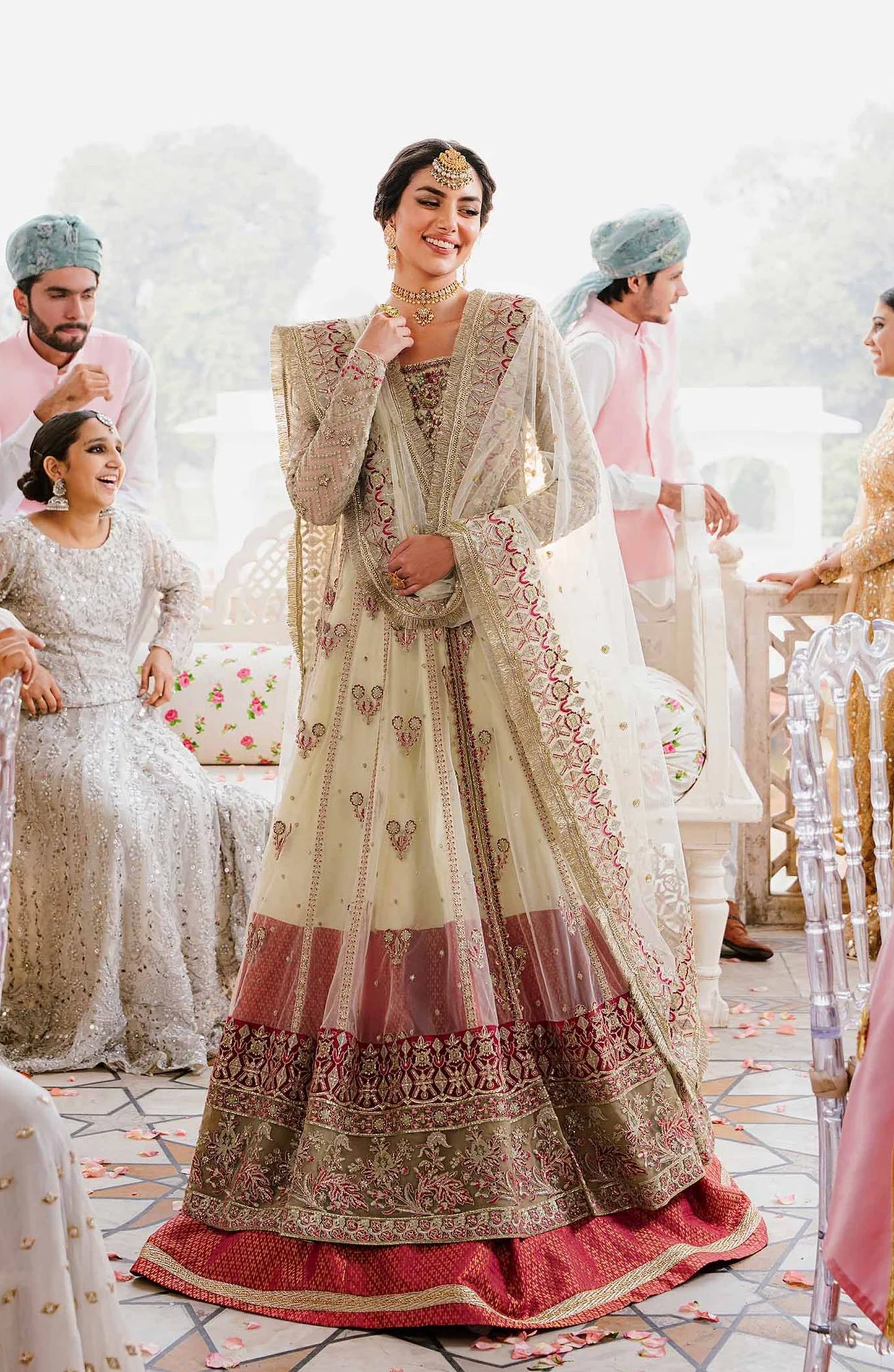 Akbar Aslam Shadmani Luxury Formal Embroidered Net Unstitched 3 Piece Suit - Kaneel - AKA25SHD - Fawn - Festive Collection