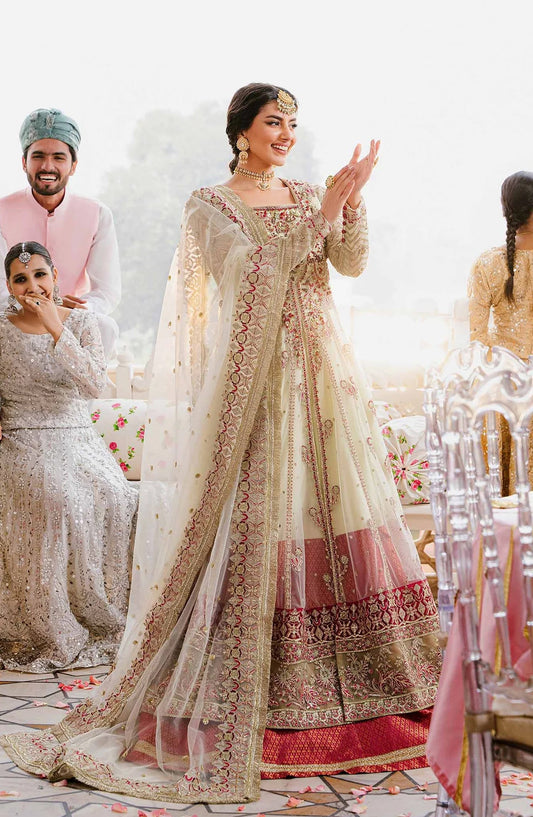 Akbar Aslam Shadmani Luxury Formal Embroidered Net Unstitched 3 Piece Suit - Kaneel - AKA25SHD - Fawn - Festive Collection